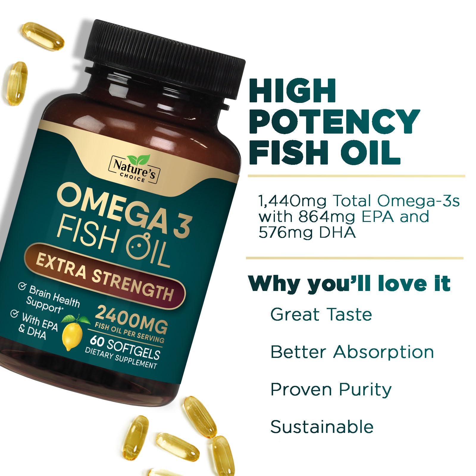 Fish Oil 2400 mg Softgels, Extra Strength Omega 3 Fish Oil with High EPA & DHA, Supports Heart Health, Nature's Brain & Immune Support, Non-GMO Omega-3 Fatty Acids Soft Gels Supplement - 60 Softgels