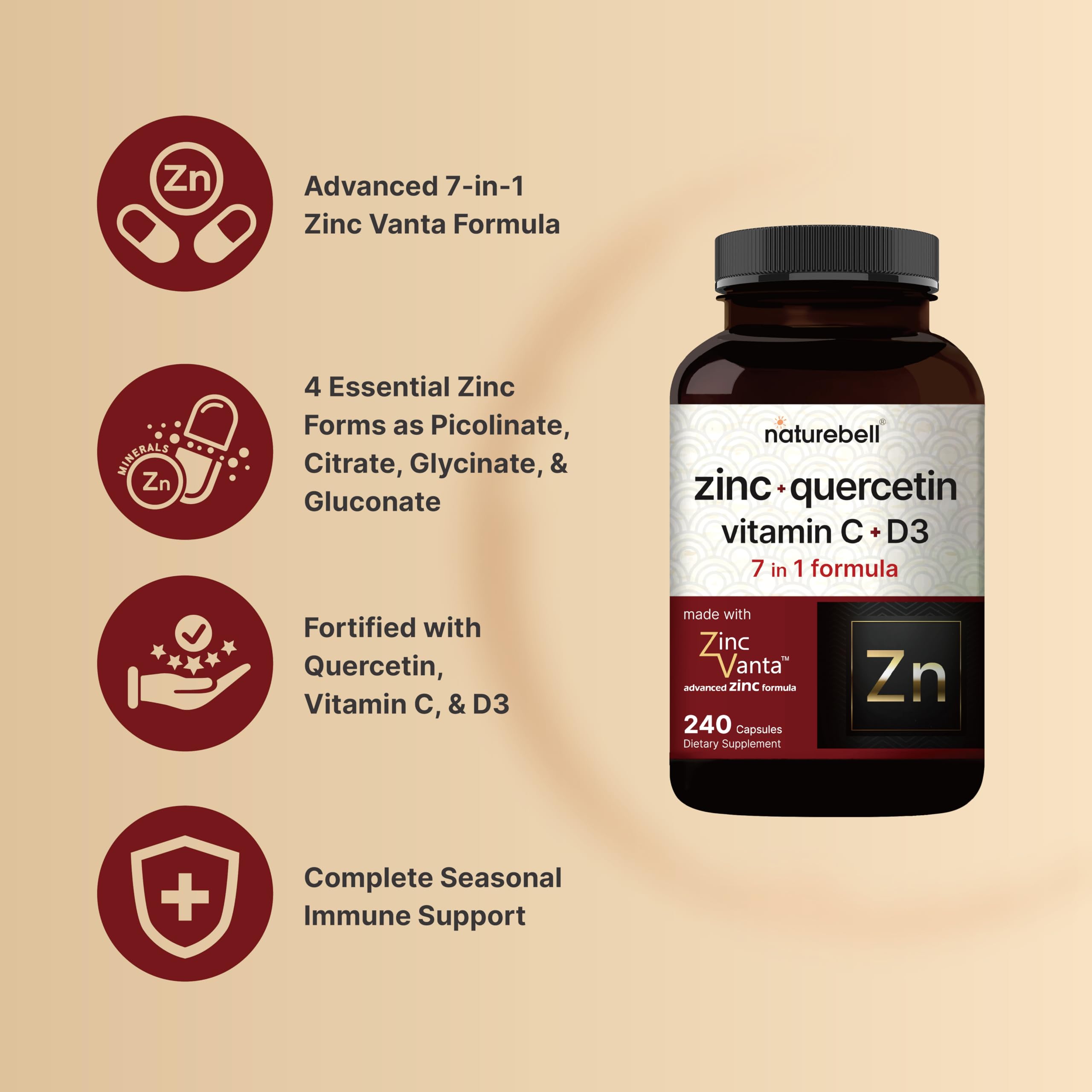 NatureBell Zinc Quercetin with Vitamin C & D3, 180 Capsules | Quercetin 1,000mg, 4 in 1 Zinc 50mg, Vitamin C 250mg, Vitamin D3 5,000 IU – ZincVanta Advanced Immune Defense & Lung Support