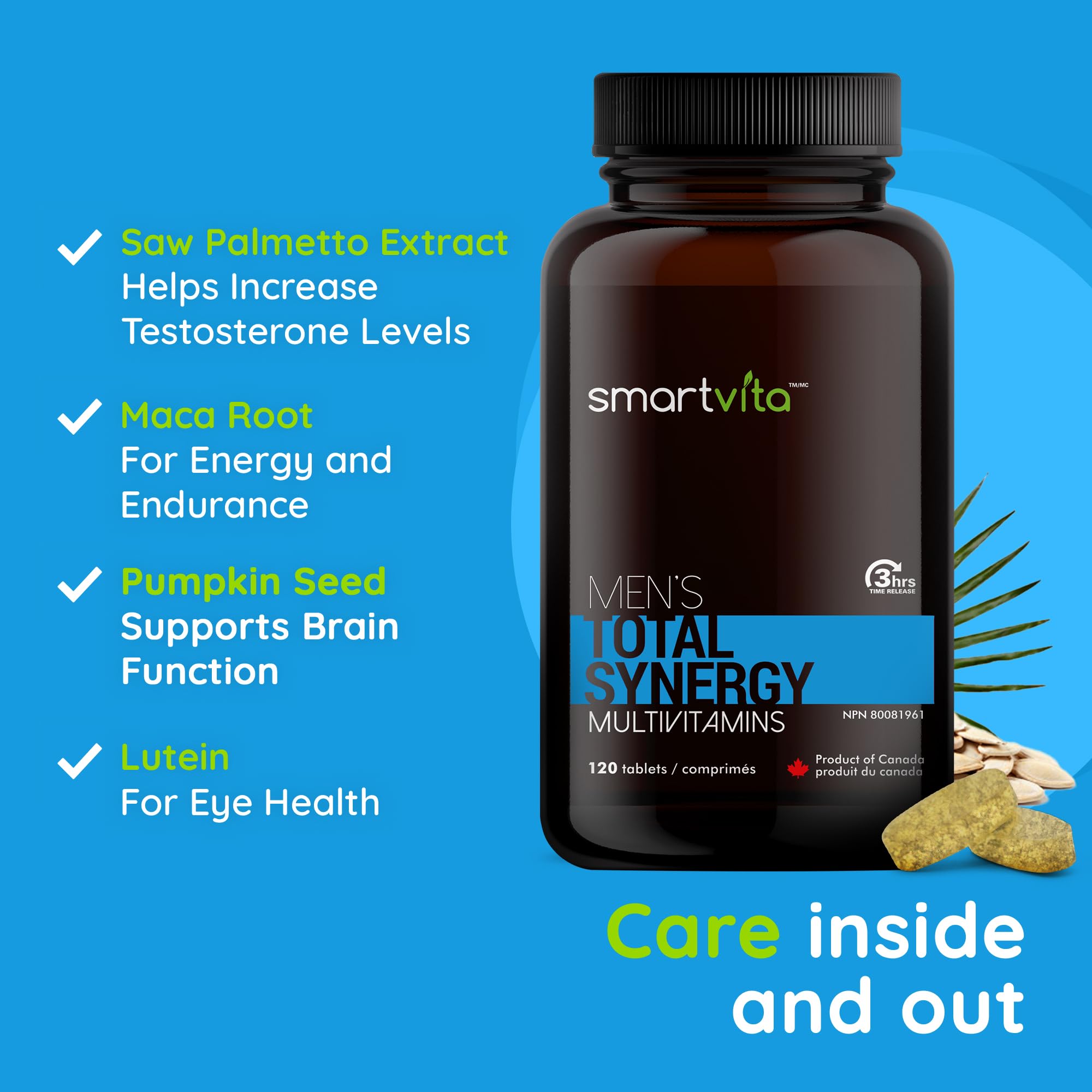 Smartvita - Total Synergy Multivitamins for Men, Vegan Multivitamins and Saw Palmetto for Men for Energy/Vitality, Brain, Heart and Eye Health, for Men Ages 25-65 Plus, 120 Tablets