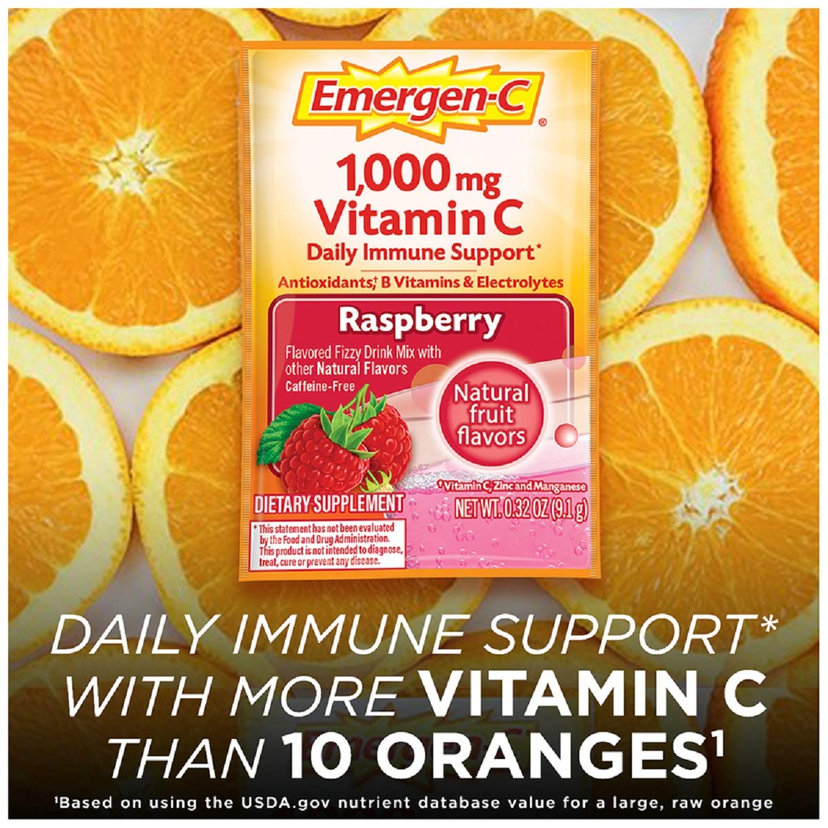 Emergen-C (30 Count, Raspberry Flavor) Dietary Supplement Drink Mix With 1000mg Vitamin C, 0.32 Ounce Packets, Caffeine Free