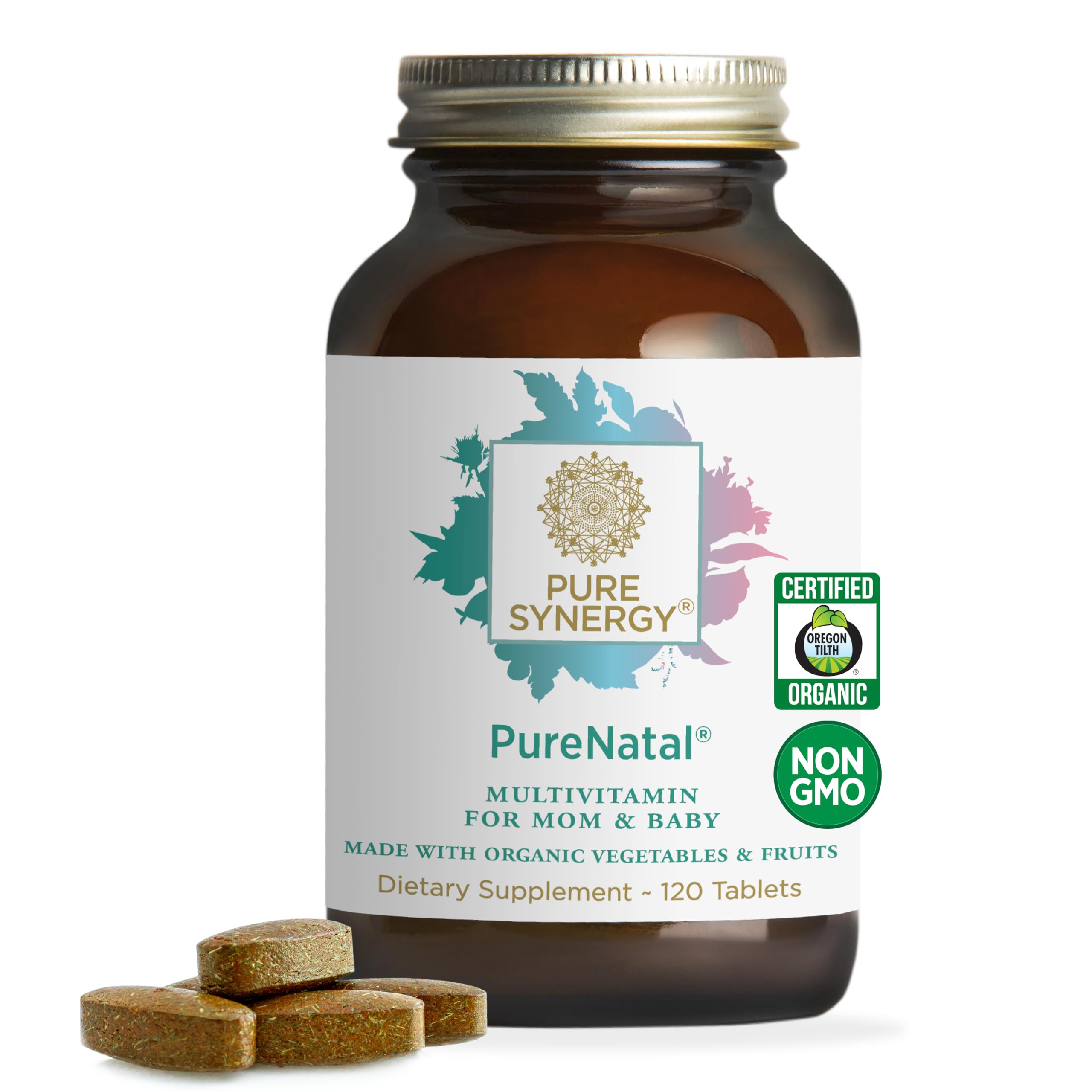 PURE SYNERGY PureNatal Prenatal Vitamins | Vegan Supplement Made with Organic Whole Foods | with Natural Iron, Folate, and Choline | for Pre-Conception, Pregnancy and Breastfeeding (120 Tablets)