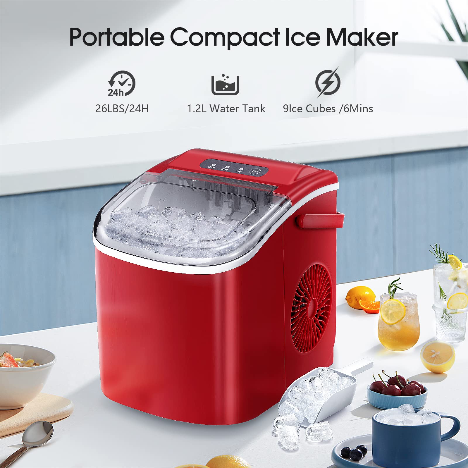 AGLUCKY Ice Makers Countertop,Protable Ice Maker Machine with Handle,Self-Cleaning Ice Maker, 26Lbs/24H, 9 Ice Cubes Ready in 8 Mins, for Home/Office/Kitchen(Red)