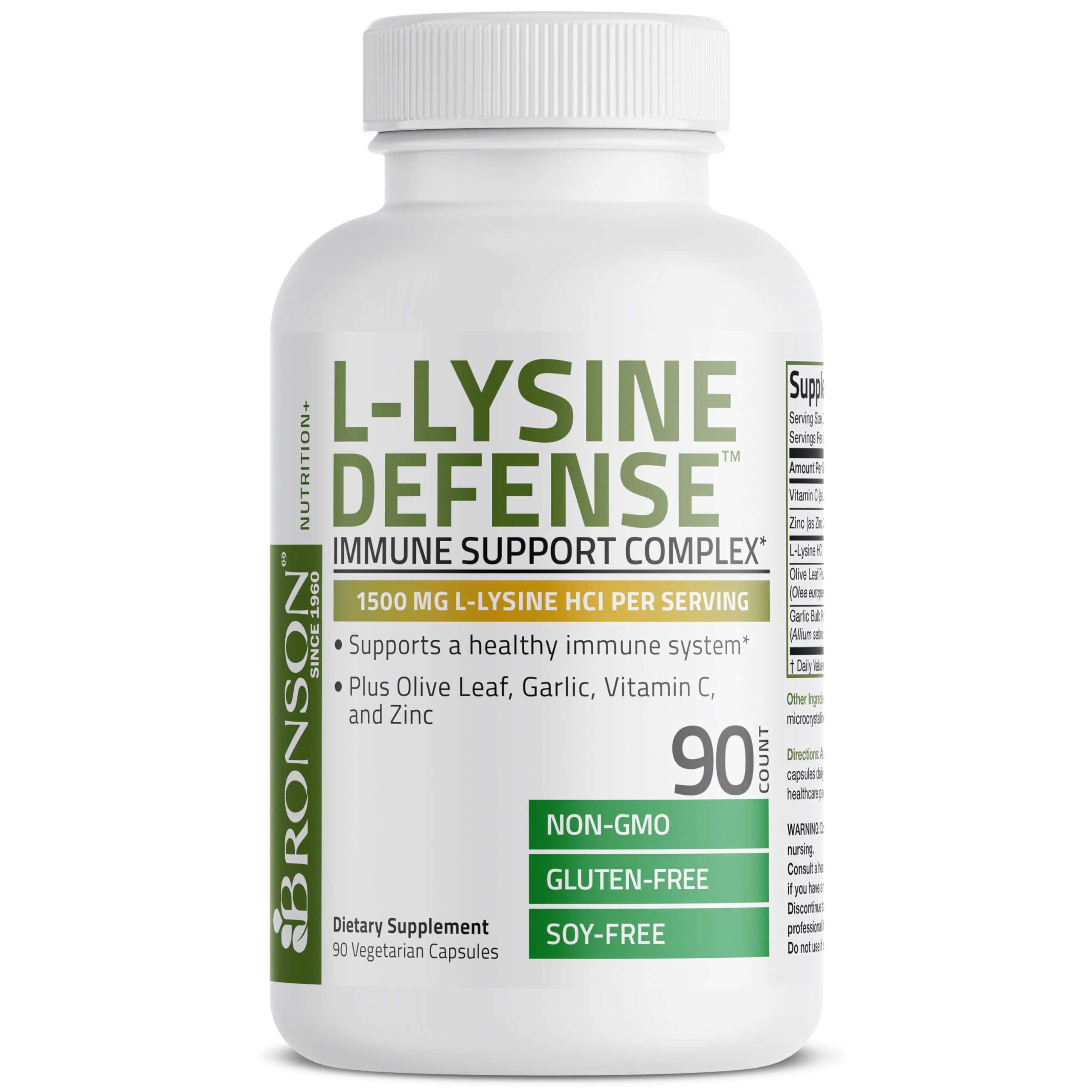 Bronson L-Lysine Defense Immune Support Complex 1500 MG L-Lysine Plus Olive Leaf, Garlic, Vitamin C and Zinc - Non-GMO, 90 Vegetarian Capsules