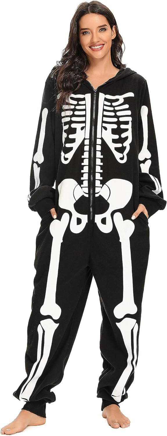 Padama Adult Women's Skeleton Halloween Costume - Unisex Skeleton jumpsuit Plush Pajamas Onesie, Cozy Halloween Adult One Piece Cosplay Skeleton Costumes for Women M