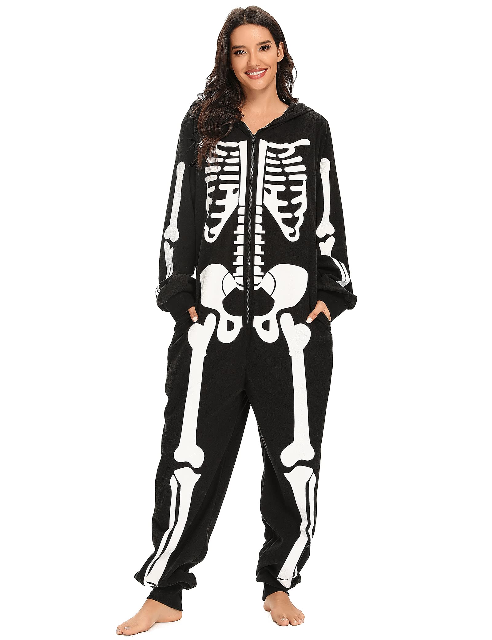 Padama Adult Women's Skeleton Halloween Costume - Unisex Skeleton jumpsuit Plush Pajamas Onesie, Cozy Halloween Adult One Piece Cosplay Skeleton Costumes for Women M