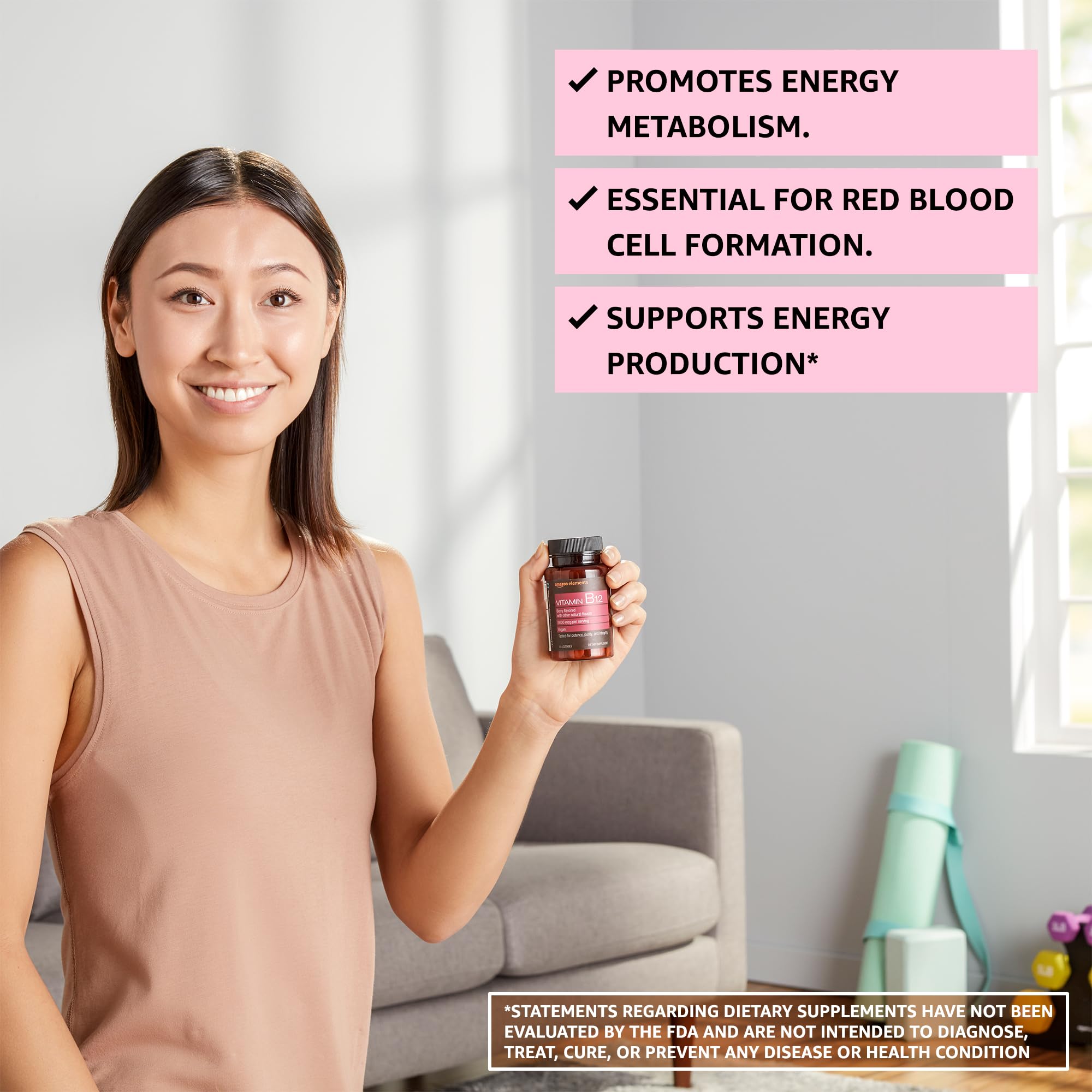 Amazon Elements Vitamin B12 Methylcobalamin 5000 mcg - Normal Energy Production and Metabolism, Immune System Support - 2 Month Supply, Berry Flavored Lozenges, 65 Count (Pack of 1)