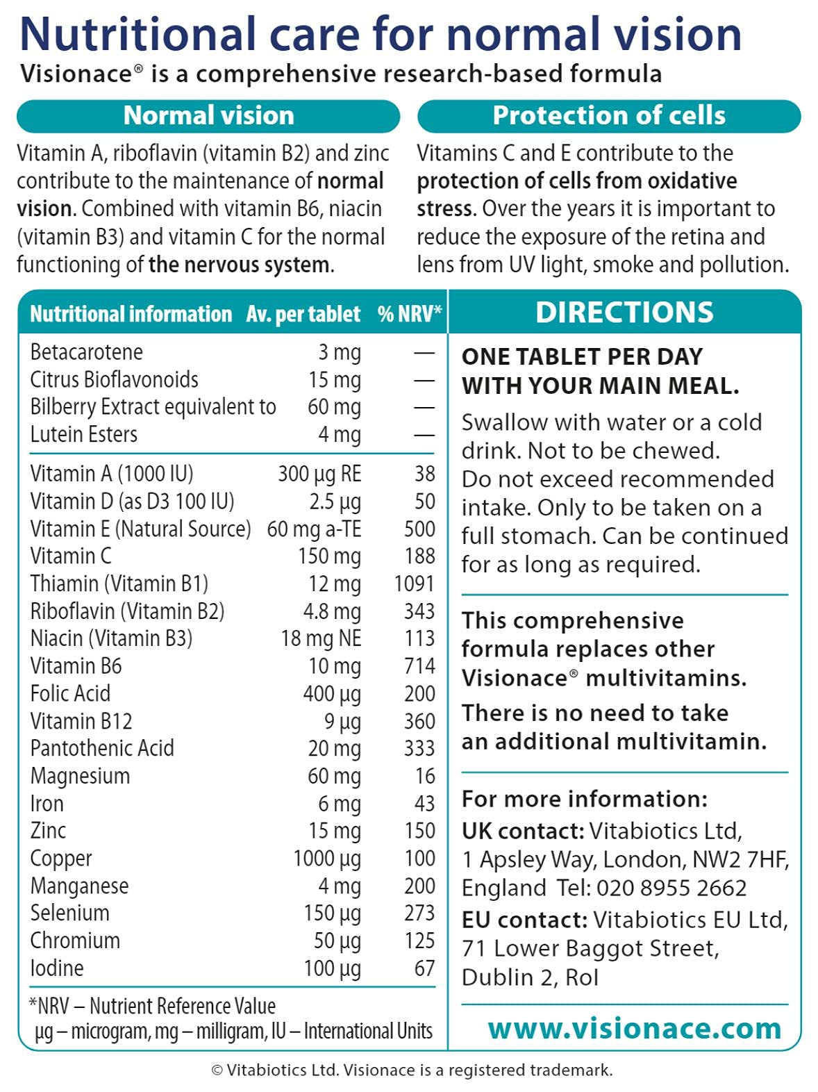 Vitabiotics Visionace Original - Nutritional Multivitamin for Normal Vision | Vitamins A, B2 and Zinc - 30 Tablets