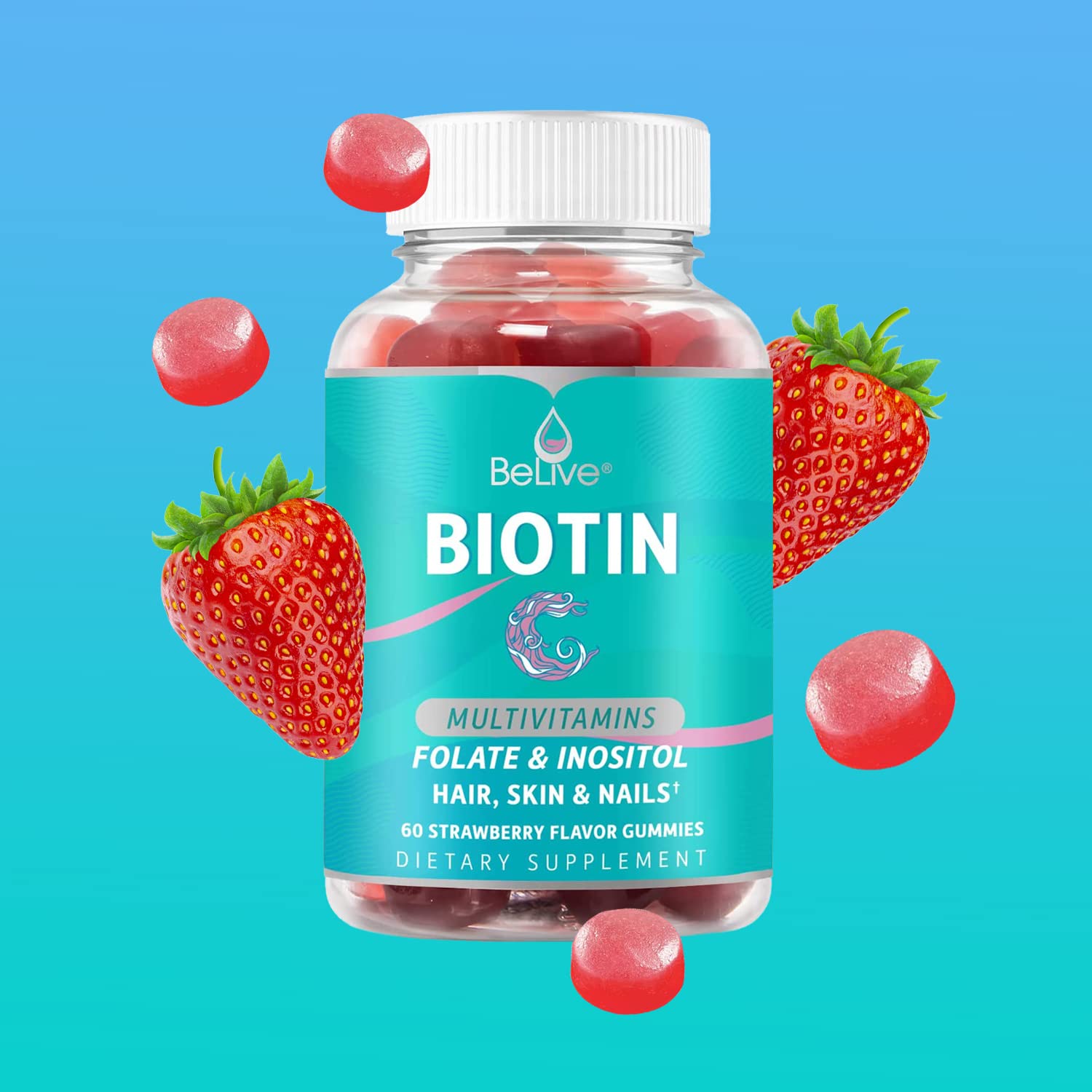 BeLive Biotin Gummies with MultiVitamins, Folate, Inositol – Supports Hair Growth, Healthy Skin & Nails – Vegan, Pectin Based – Strawberry Flavor (1)