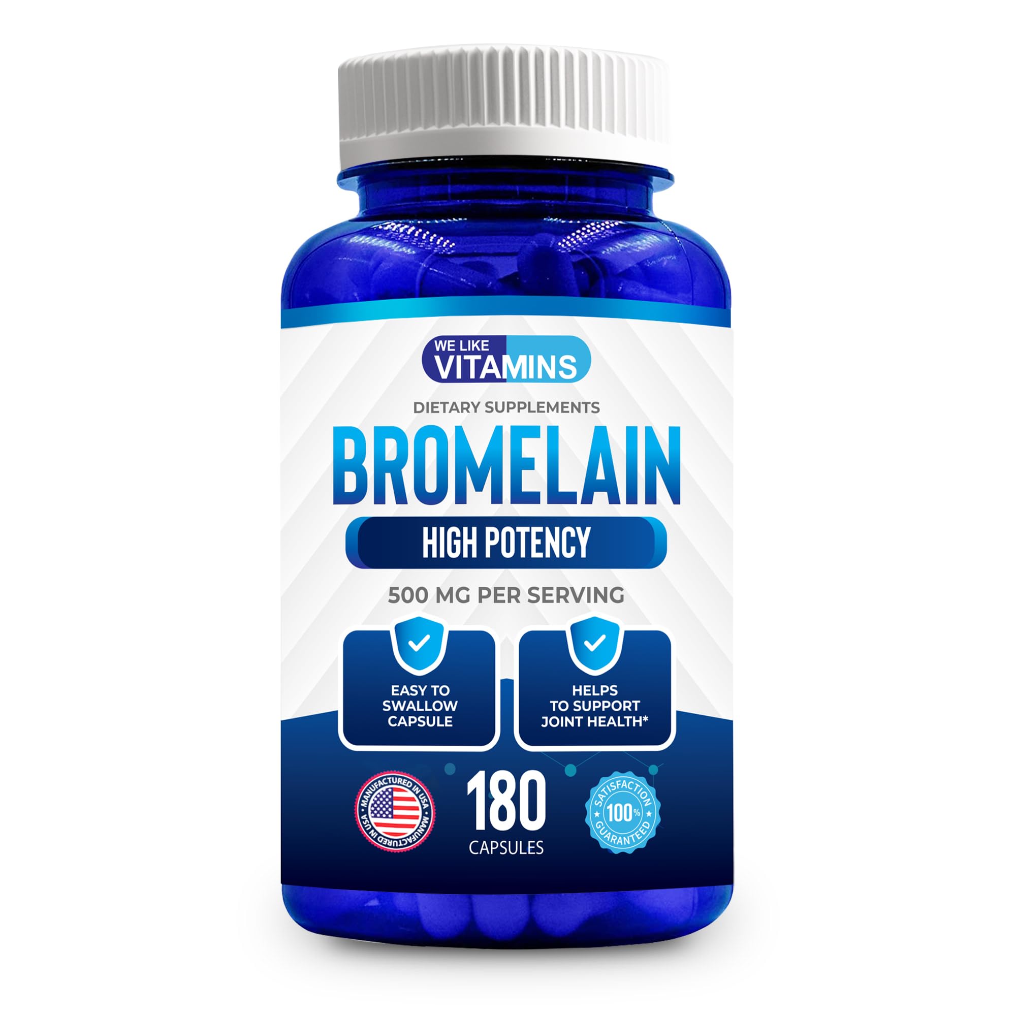 We Like Vitamins Bromelain 500mg Capsules - 2400GDU/g - Organic Bromelain Supplement from Pineapple Extract - Proteolytic Enzymes for Digestion, Absorption, Joint Pain, Muscle Soreness - 180 Capsules