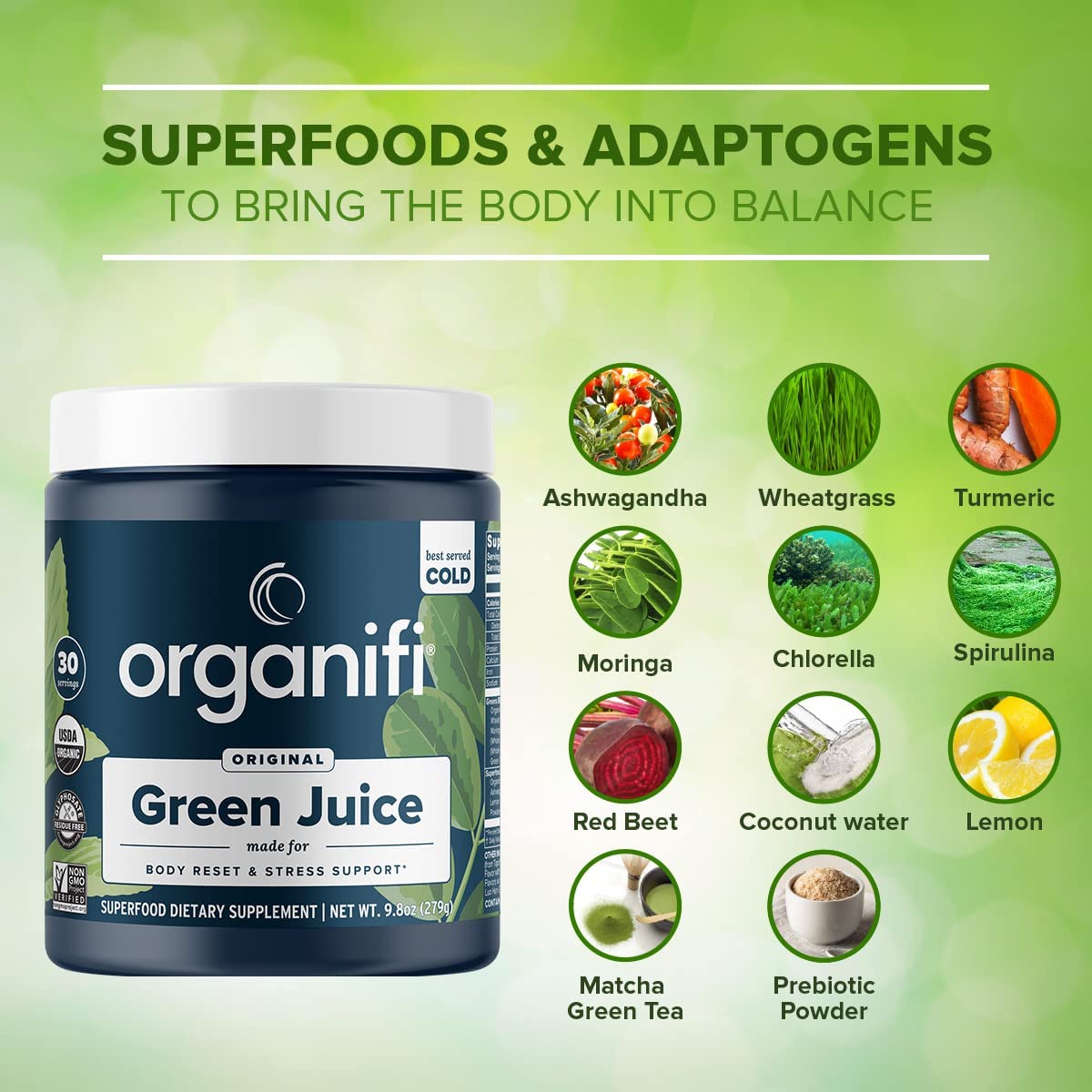 Organifi Green Juice - Organic Superfood Powder - 30-Day Supply - Organic Vegan Greens - Helps Decrease Cortisol - Provides Better Response to Stress - Supports Weight Control - Total Body Wellness