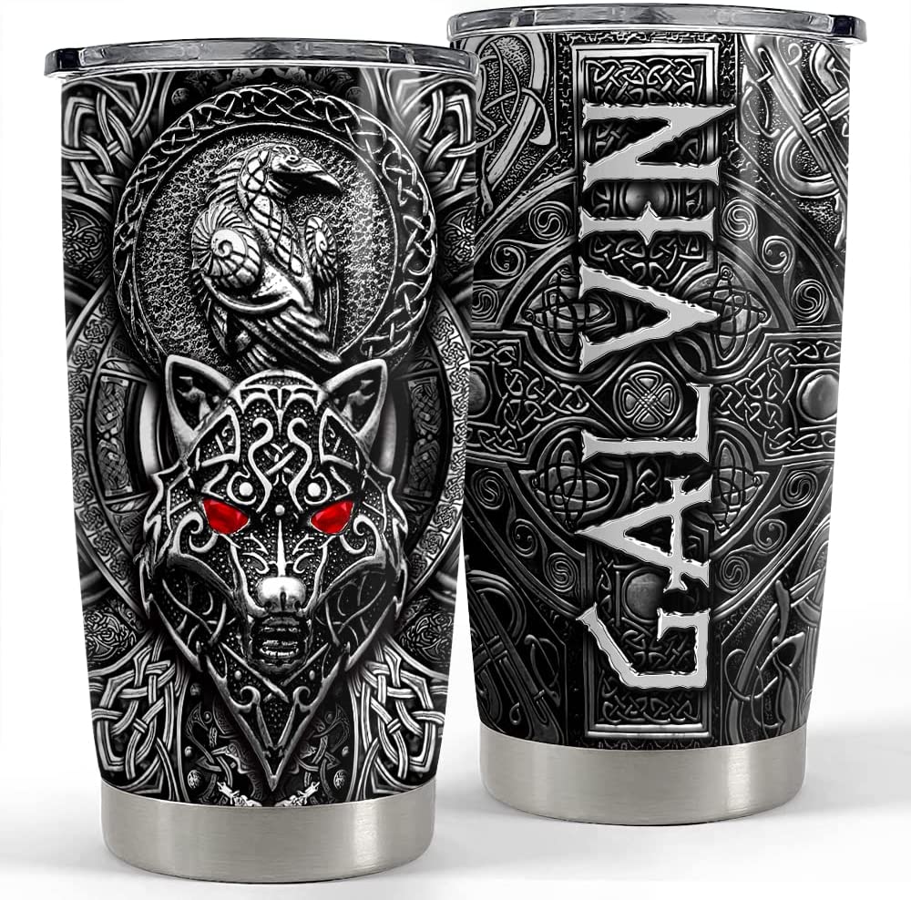 SANDJEST Personalized Wolf Tumbler Raven Viking 20oz 30oz Tumblers with Lid Gift for Men Dad Son Father Husband Christmas Birthday