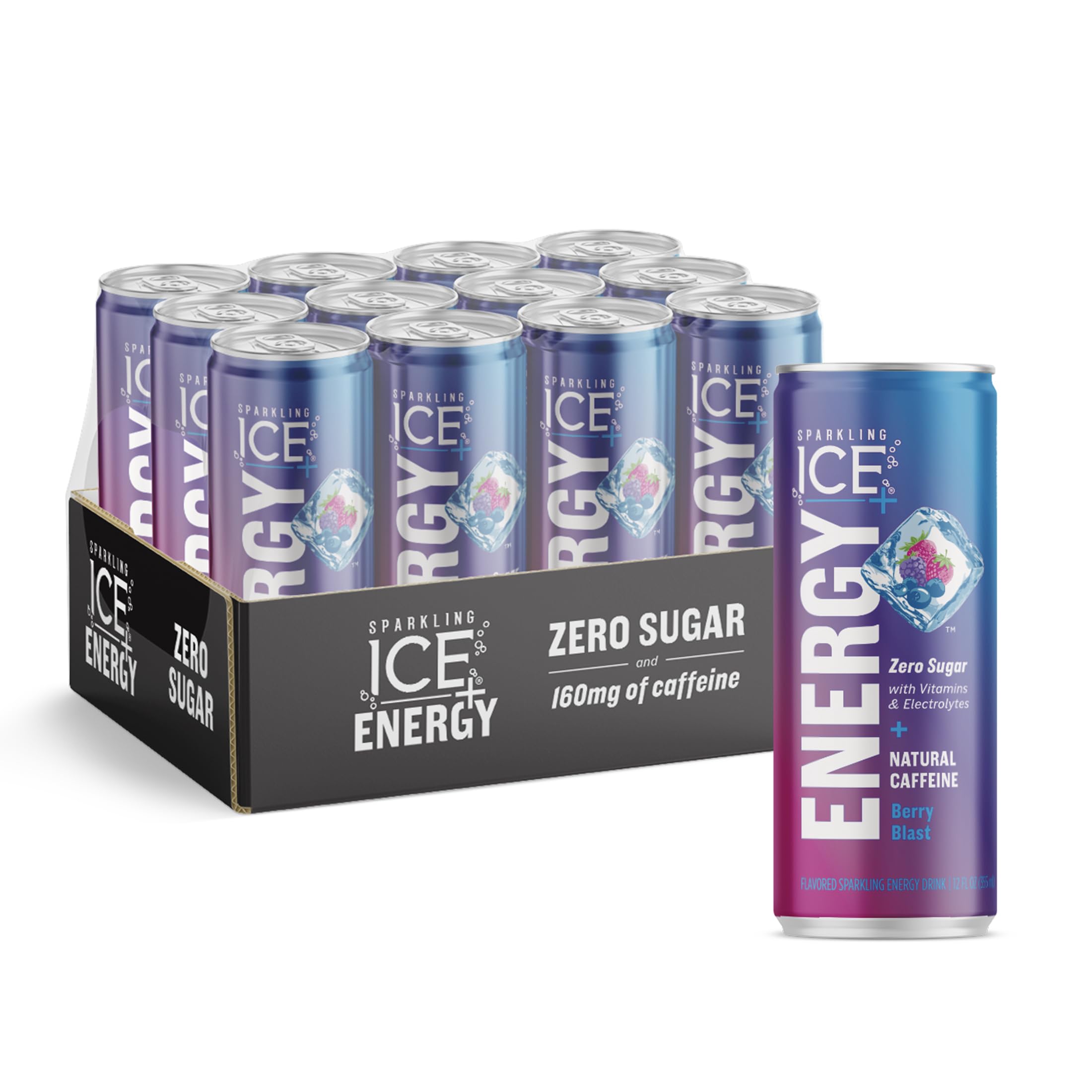 Sparkling Ice +ENERGY Berry Blast Sparkling Water. Energy drinks with Vitamins & Electrolytes, Zero Sugar, 12 fl oz Cans (Pack of 12)