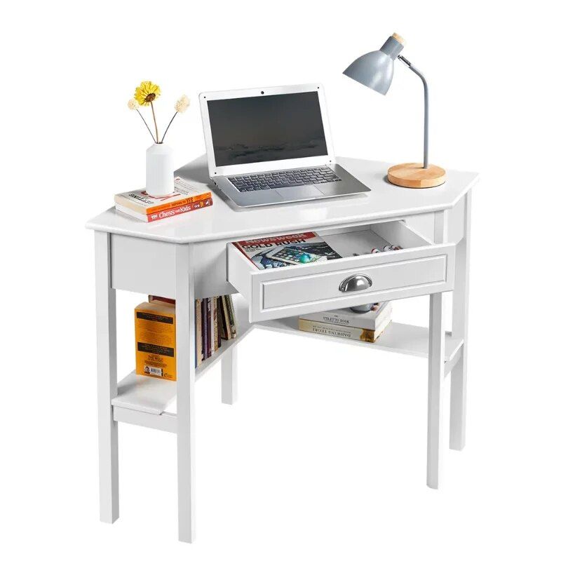 White Corner Writing Desk with Storage Drawer and Shelves