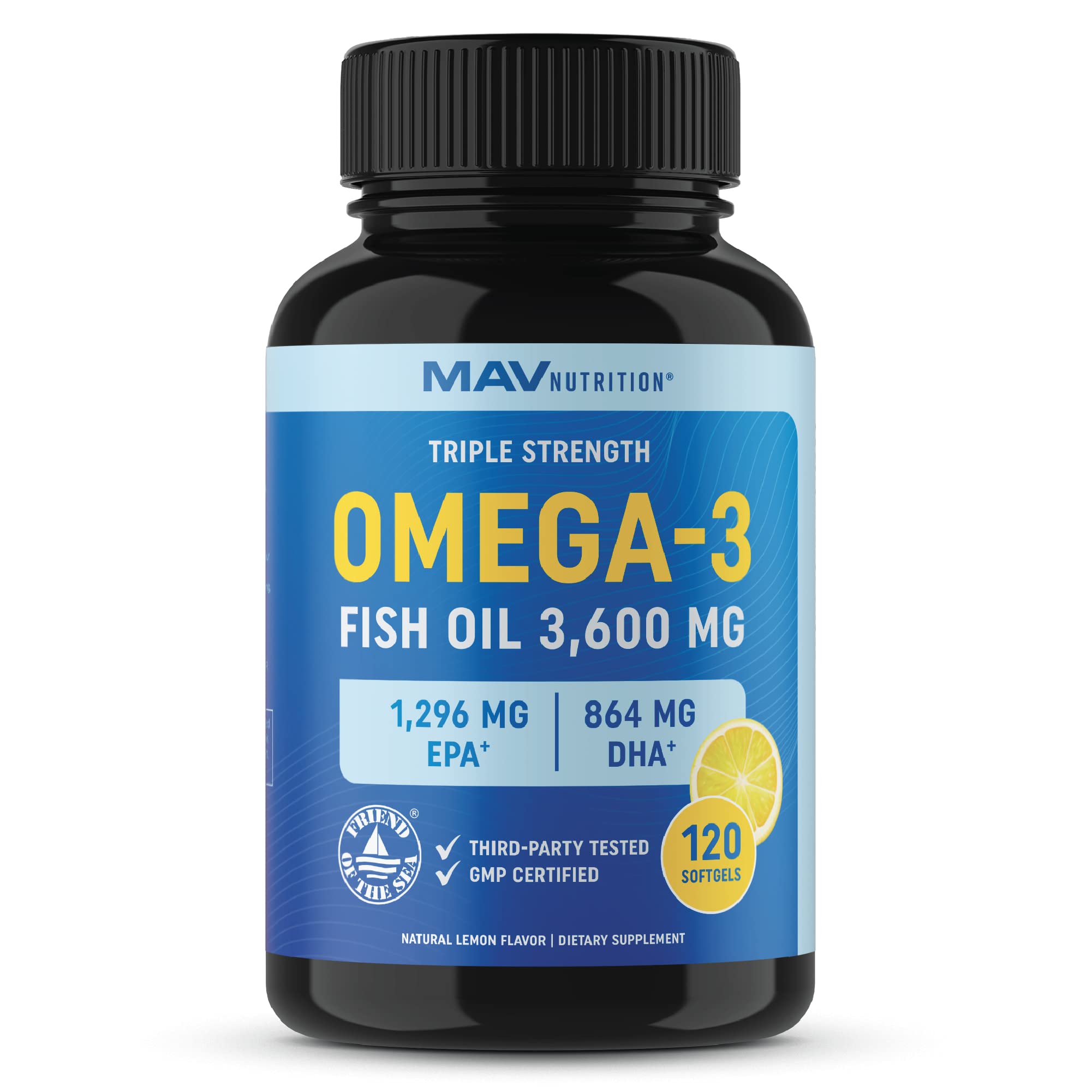 Triple Strength Omega 3 Fish Oil | 3600 mg EPA & DHA | Over 2,000mg of Omega-3 Fatty Acids | Over 1,200mg EPA + 800mg DHA | Best Essential Fatty Acids | Premium Burpless Softgel Supplements (120 Ct)