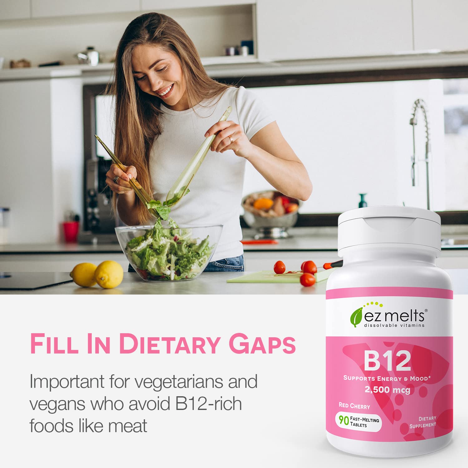 EZ Melts Dissolvable B12 Vitamin 2,500 mcg, Methylcobalamin, Sugar-Free, 3-Month Supply.