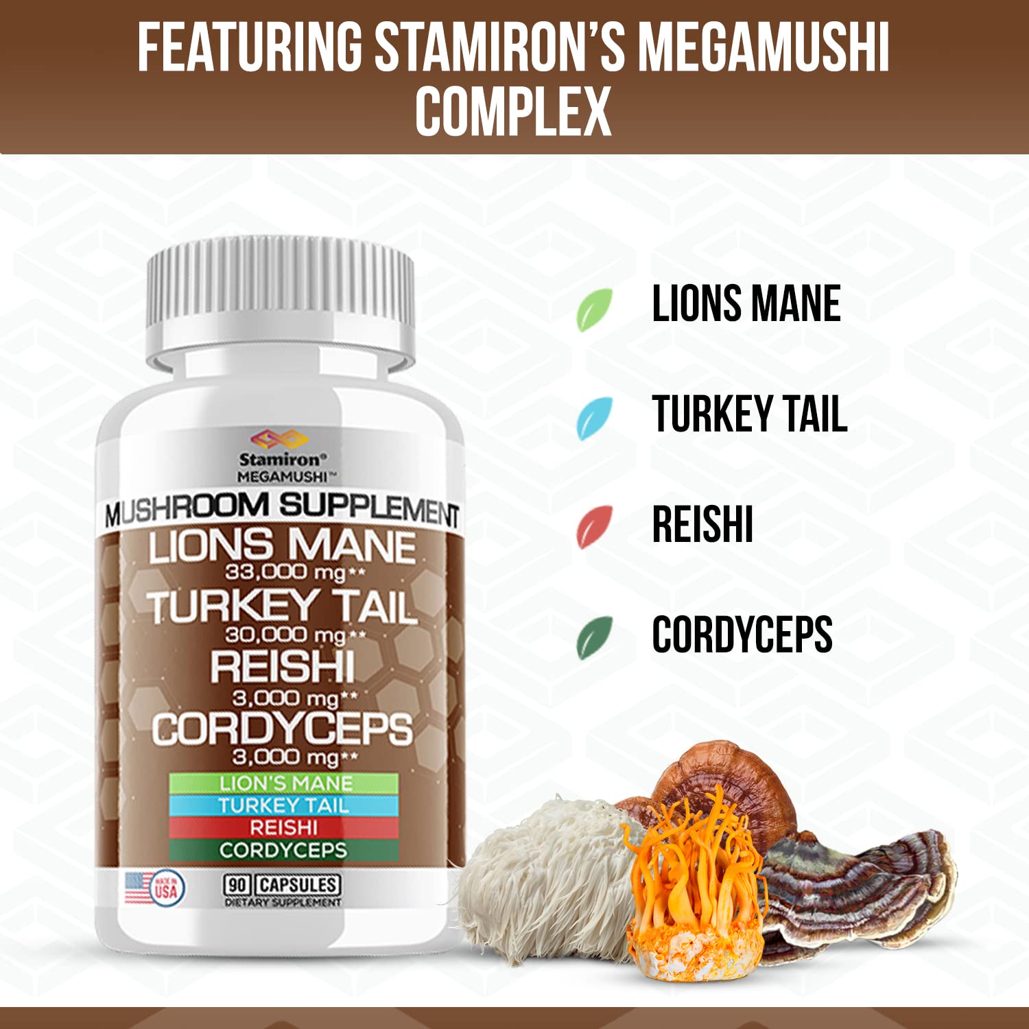 Lions Mane Supplement 33,000mg Turkey Tail Mushroom Capsules with Cordyceps Extract & Reishi Mushrooms - Alt to Mushroom Gummies/ Powder/ Coffee - 90 Count Made in USA