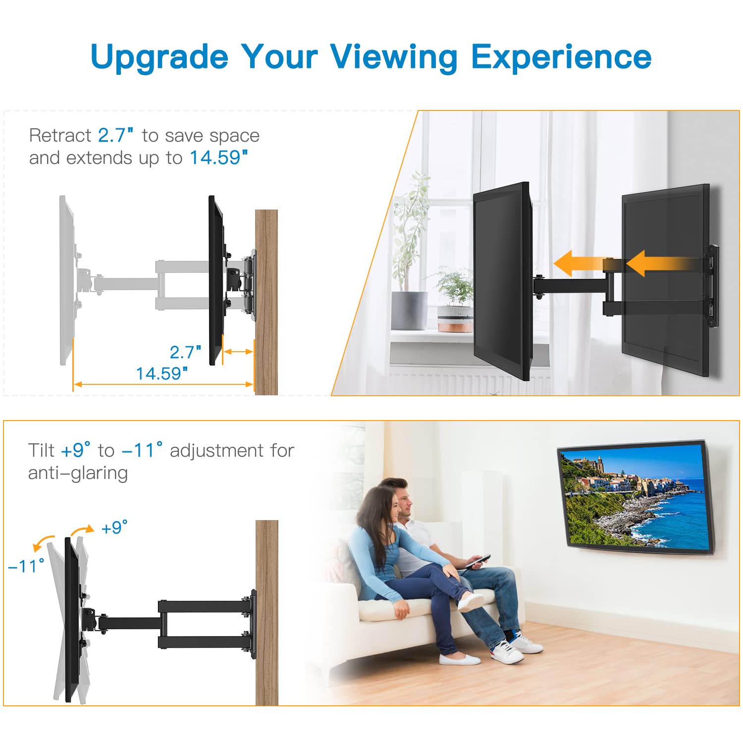 Full Motion TV Monitor Wall Mount Bracket Articulating Arms Swivels Tilts Extension Rotation for Most 13-42 Inch LED LCD Flat Curved Screen TVs & Monitors, Max VESA 200x200mm up to 44lbs by Pipishell