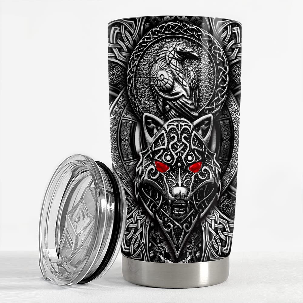 SANDJEST Personalized Wolf Tumbler Raven Viking 20oz 30oz Tumblers with Lid Gift for Men Dad Son Father Husband Christmas Birthday