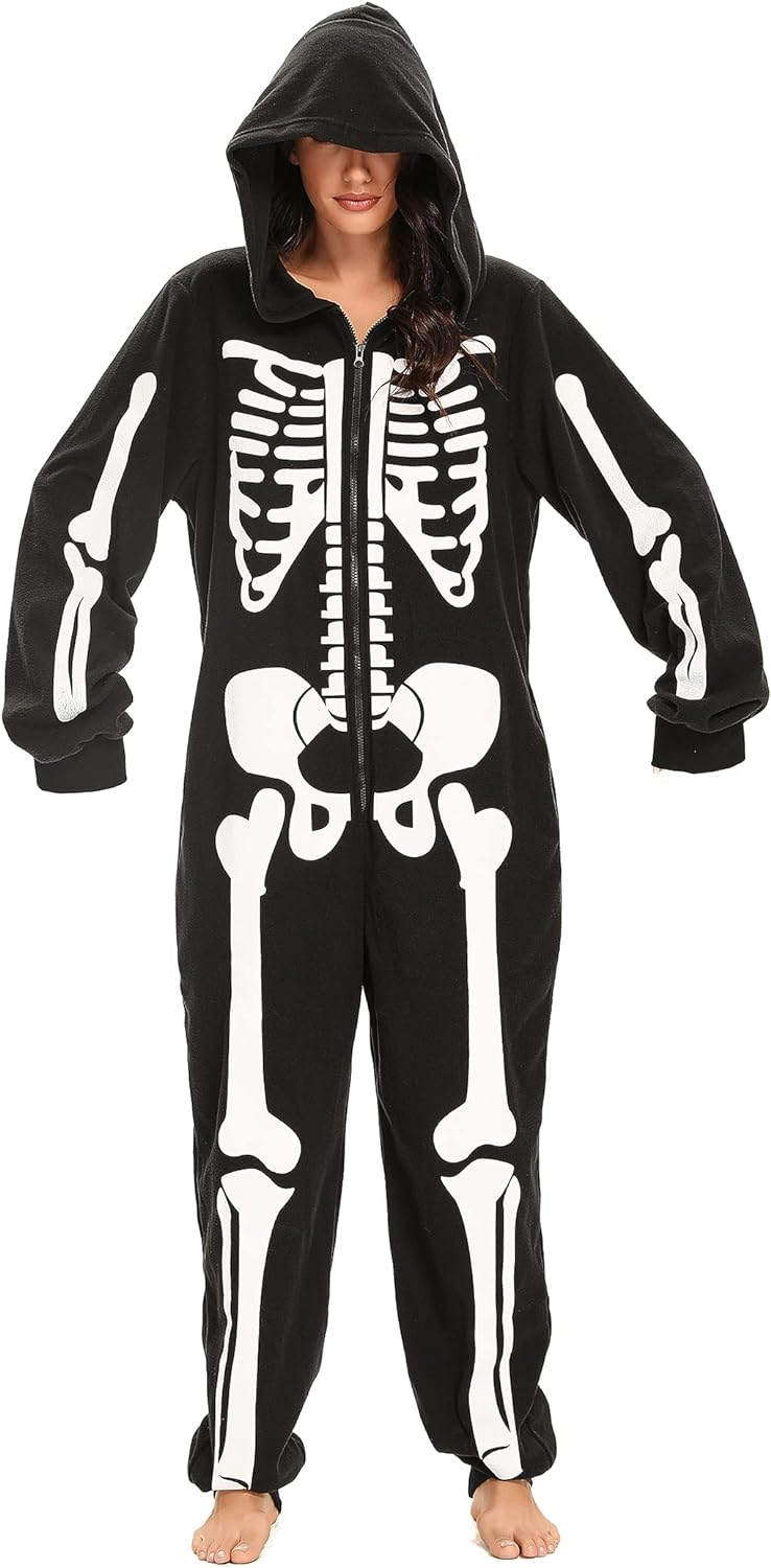 Padama Adult Women's Skeleton Halloween Costume - Unisex Skeleton jumpsuit Plush Pajamas Onesie, Cozy Halloween Adult One Piece Cosplay Skeleton Costumes for Women M