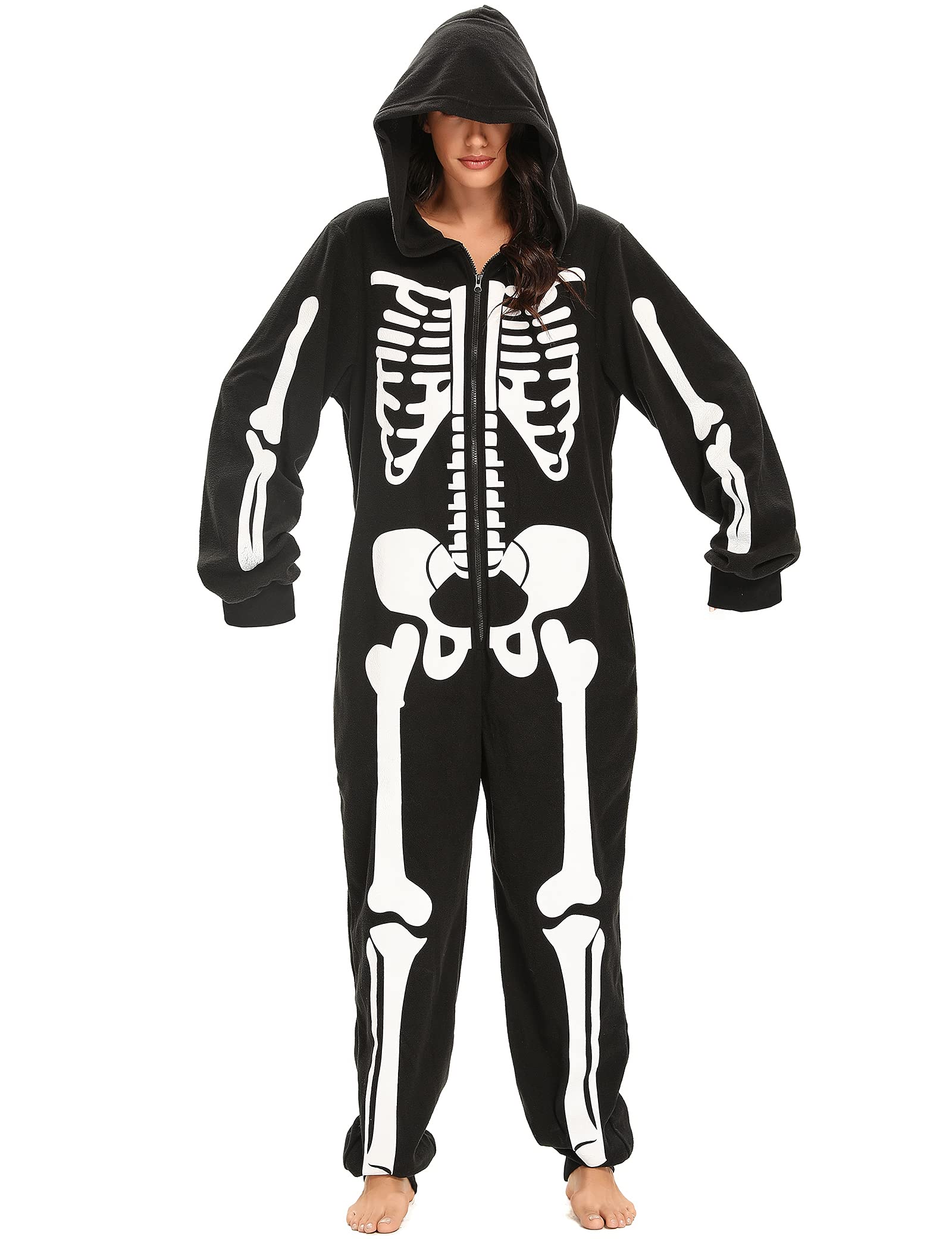 Padama Adult Women's Skeleton Halloween Costume - Unisex Skeleton jumpsuit Plush Pajamas Onesie, Cozy Halloween Adult One Piece Cosplay Skeleton Costumes for Women M