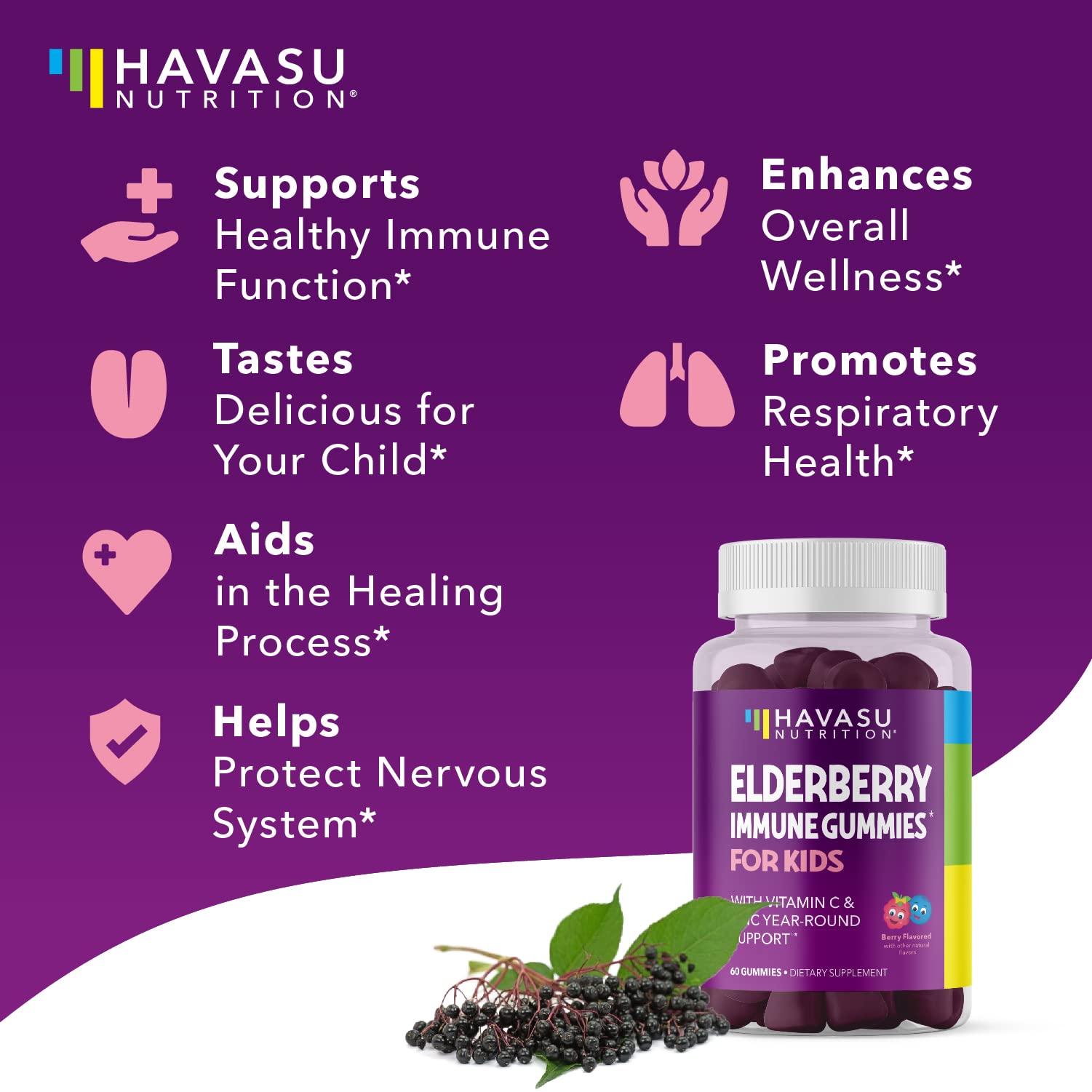 HAVASU NUTRITION Elderberry Gummies for Kids with Zinc & Vitamin C | Potent Herbal Supplement with Antioxidants to Support Immune Defense | Vegan Gummies