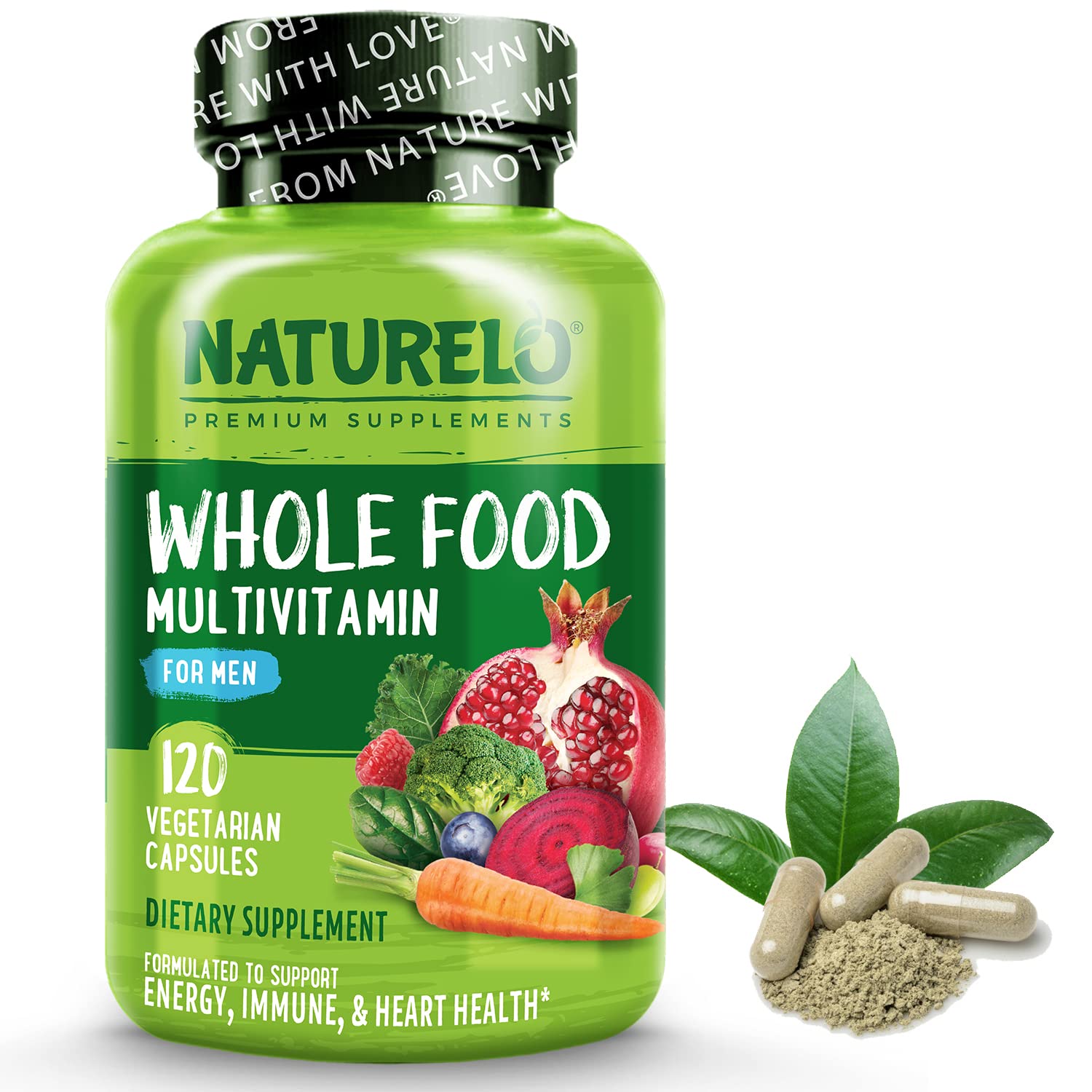 NATURELO Whole Food Multivitamin for Men - with Vitamins, Minerals, Organic Herbal Extracts - Vegetarian - for Energy, Brain, Heart, Eye Health - 120 Vegan Capsules