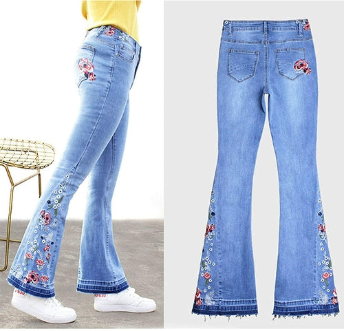 Womens Chic Floral Embroidered High-Rise Bell Bottom Flare Jeans Broad, Denim