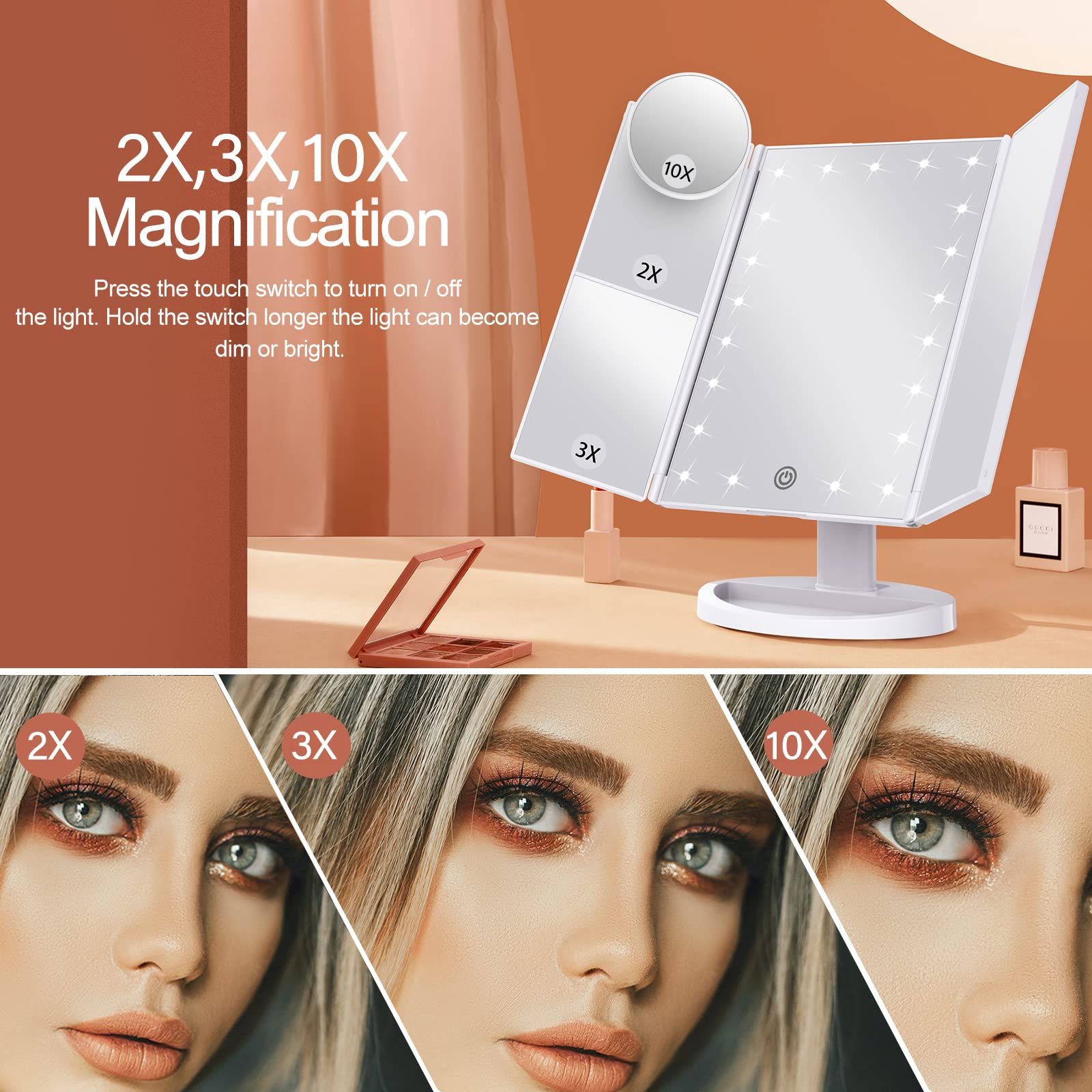 HUONUL Makeup Mirror Vanity Mirror with Lights, 2X 3X 10X Magnification, Lighted Makeup Mirror, Touch Control, Trifold Makeup Mirror, Dual Power Supply, Portable LED Makeup Mirror, Women Gift (White)