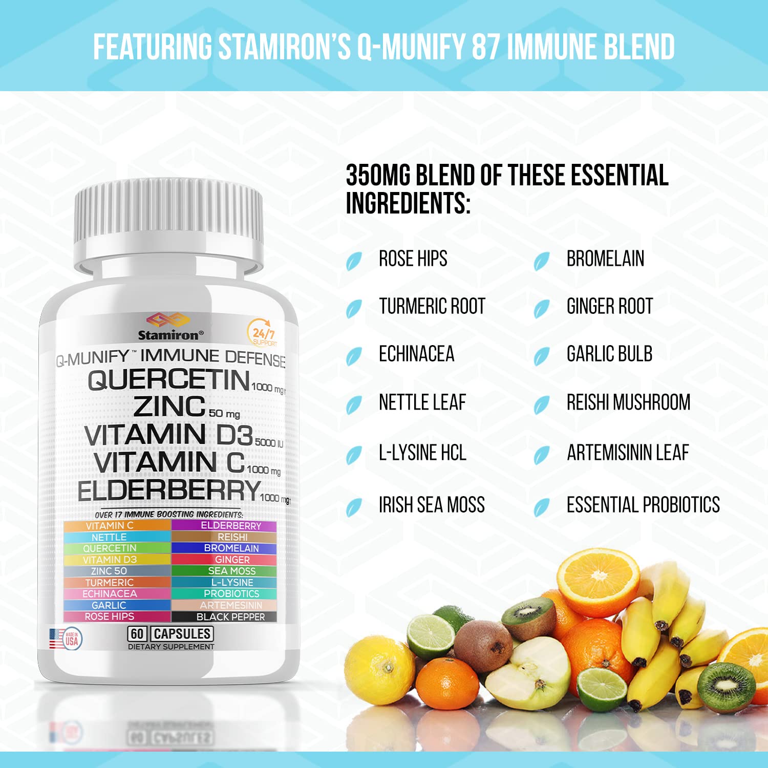 Stamiron Quercetin 1000mg Zinc 50mg Vitamin C 1000mg Supplement Immune Support Defense w Vit D3 5000IU Elderberry Echinacea Artemisinin Turmeric Ginger Quercitin Bromelain Garlic Nettle -USA Made 60ct