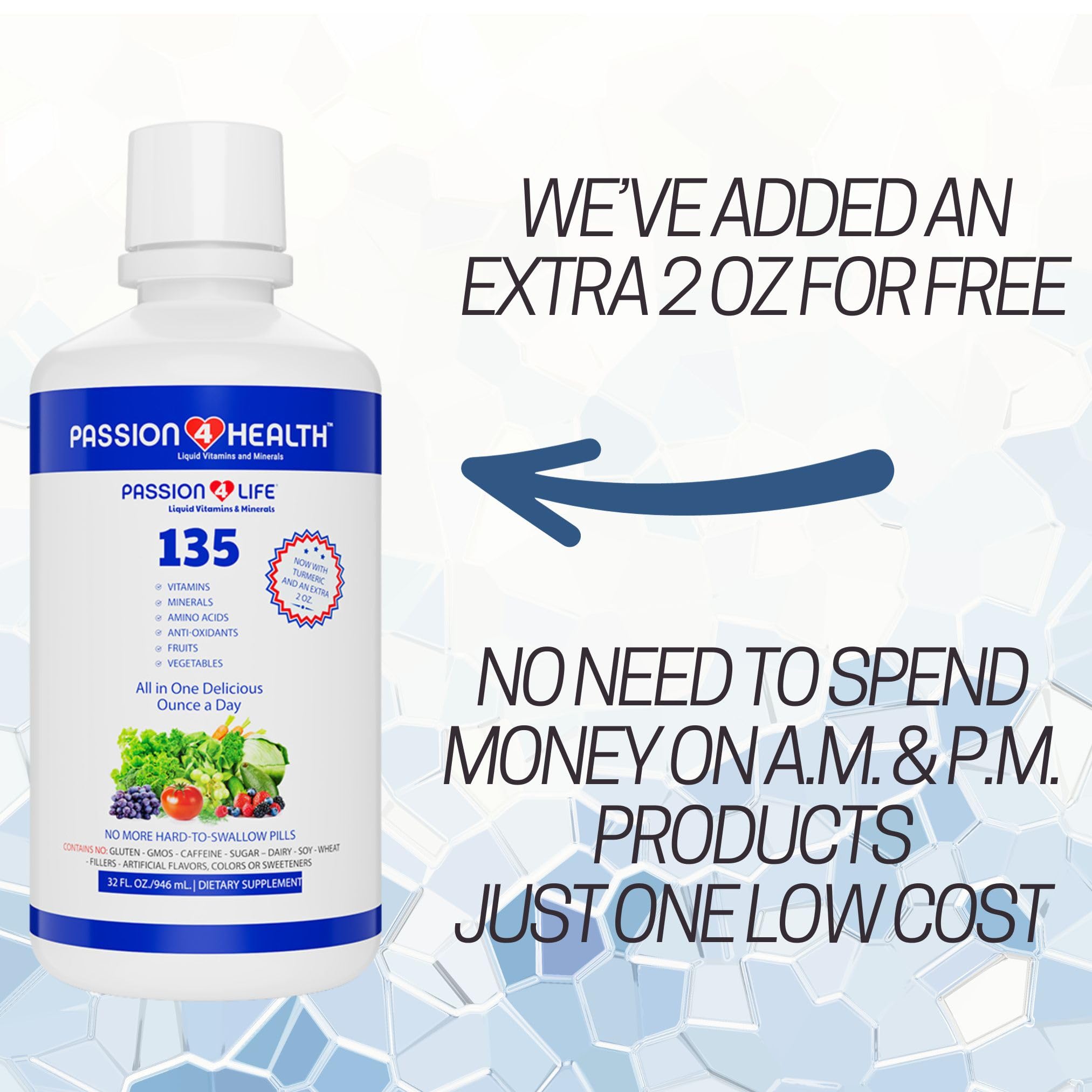 Passion 4 Life Mega Liquid Multivitamins, Trace Minerals, Amino Acids, Turmeric for Adults, Men, Women, Teens, Kids, Non-GMO, No Soy, No Dairy