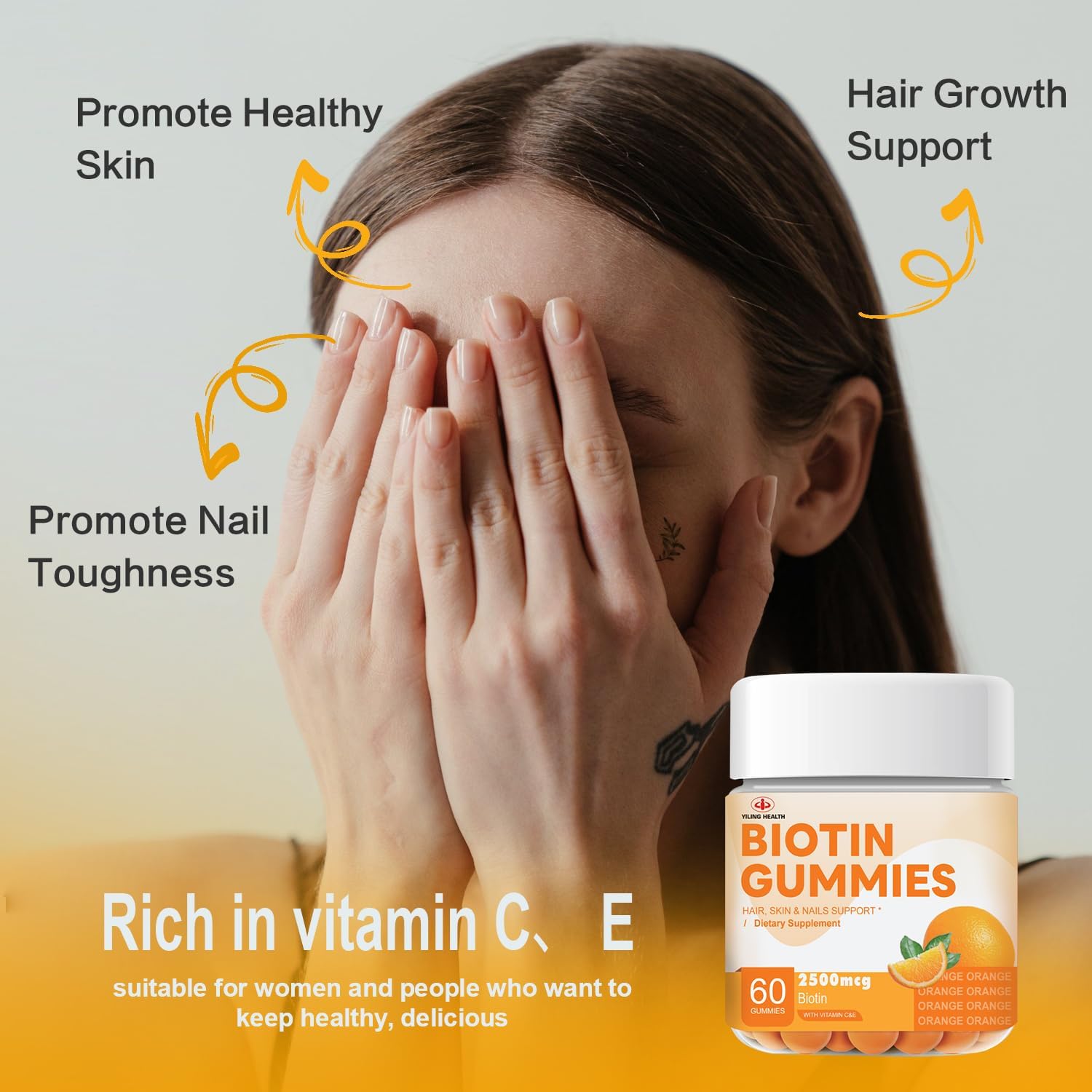 YILING Hair Gummies Vitamins Extra Strength Biotin 2500mcg, Vitamins C, E for Women & Men - Vegan Gummies Hair, Skin & Nails Biotin Supplement, Sweet Orange Flavor -60 Count