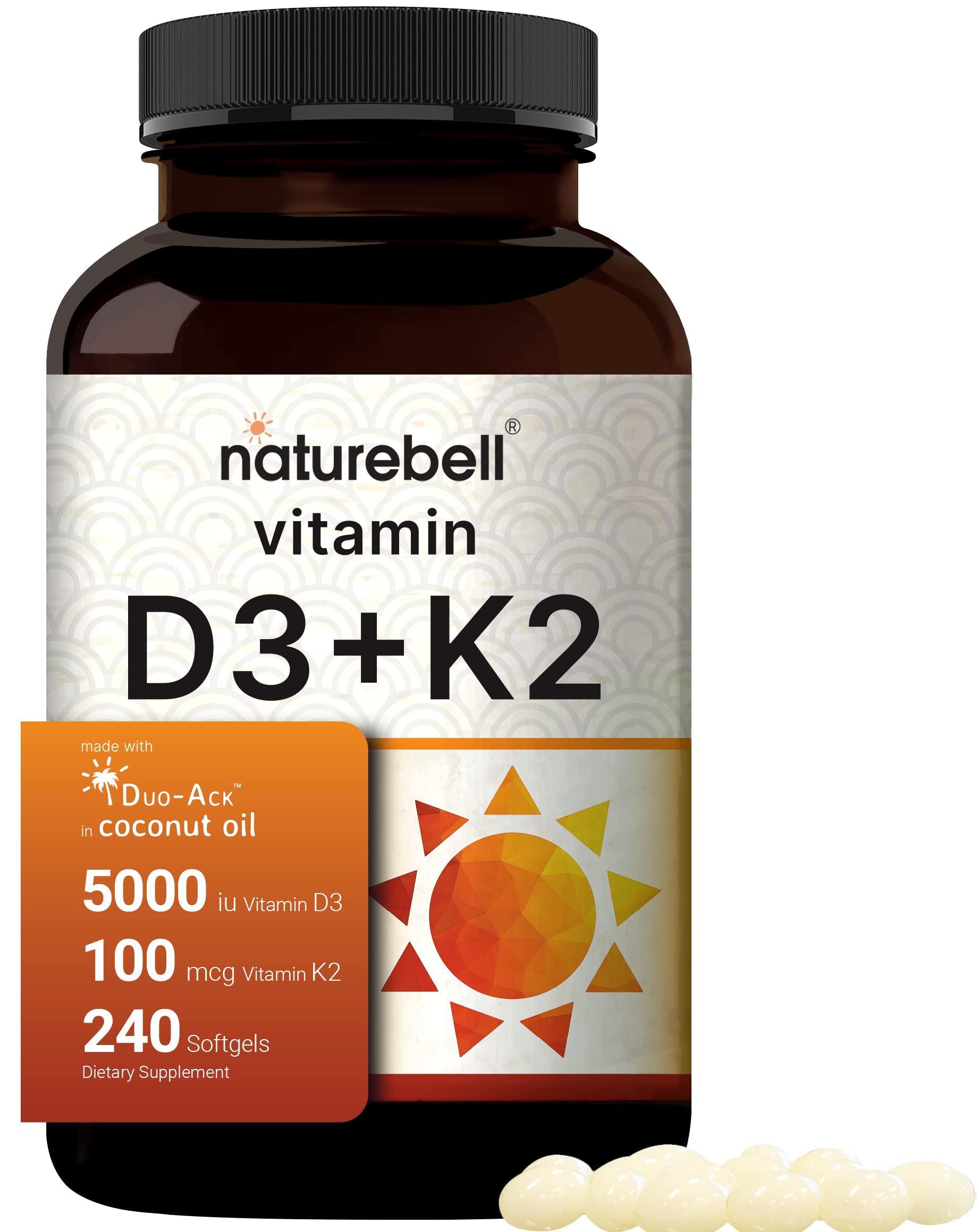 NatureBell Vitamin D3 5000 K2 (MK7) with Virgin Coconut Oil, 240 Softgels, 100mcg, 2 in 1 Support, Duo-Ack | 8 Months Supply | Third Party Tested, Non GMO & No Gluten