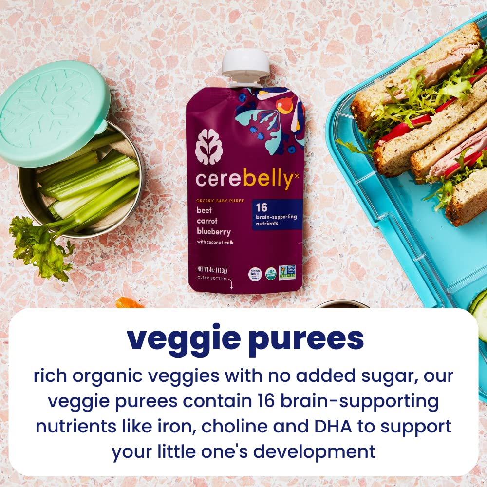 Cerebelly Organic Baby Food Pouches Beet Carrot Blueberry (4 Ounce, 6 Count) – Toddler Snacks - 16 Brain-supporting Nutrients from Superfoods - Healthy Snacks, Gluten-Free, BPA-Free, No Added Sugar