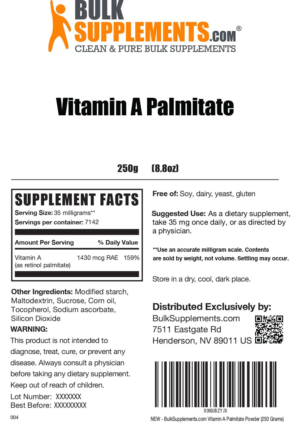 BULKSUPPLEMENTS.COM Vitamin A Palmitate Powder - Vitamin A Retinol Palmitate - Vitamin A Supplement - Pure Vitamins - Acne Vitamins (250 Grams 8.8 oz)