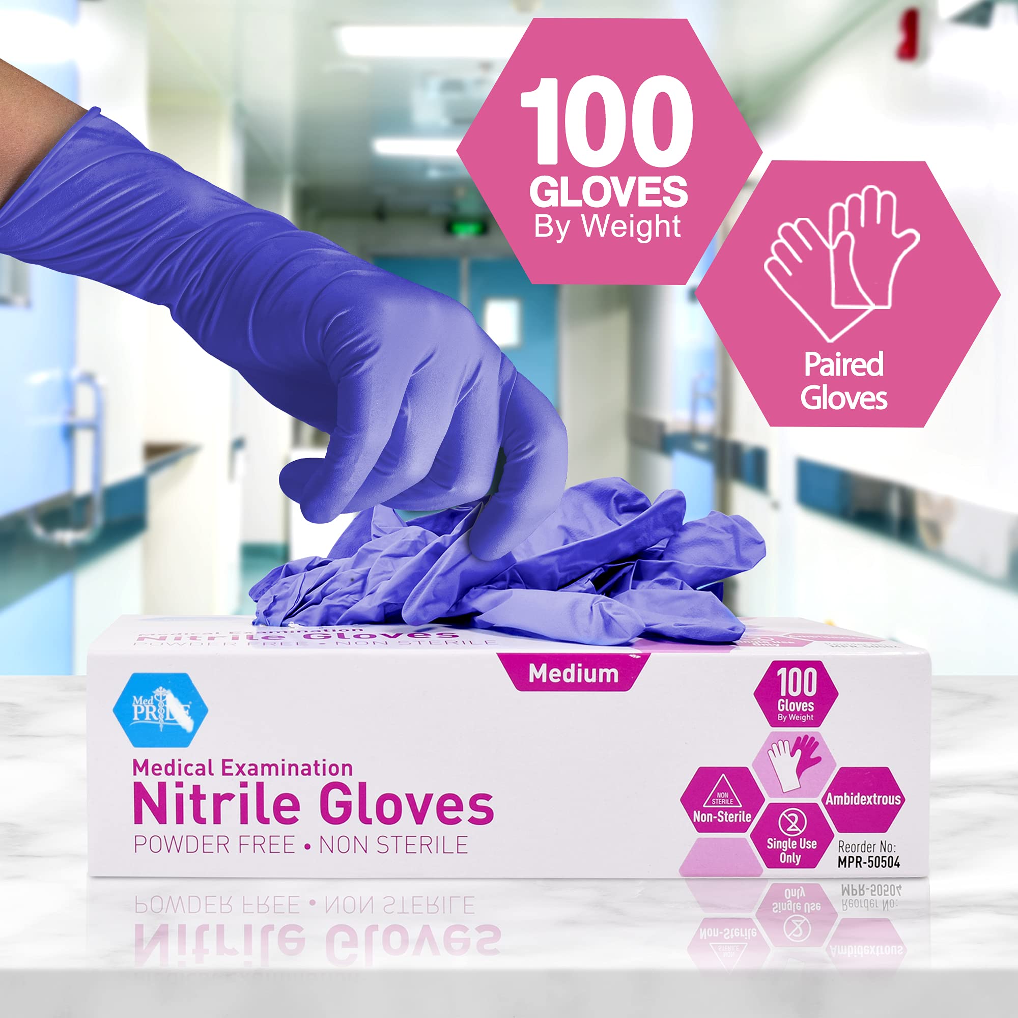 MedPride Powder-Free Nitrile Exam Gloves, Medium, Box/100