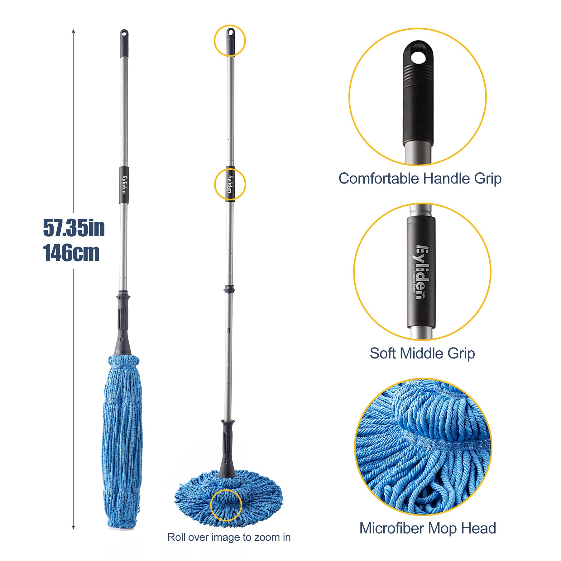 Eyliden Mop with 2 Reusable Heads, Easy Wringing Twist Mop, with 57.5 inch Long Handle, Wet Mops for Floor Cleaning, Commercial Household Clean Hardwood, Vinyl, Tile, and More