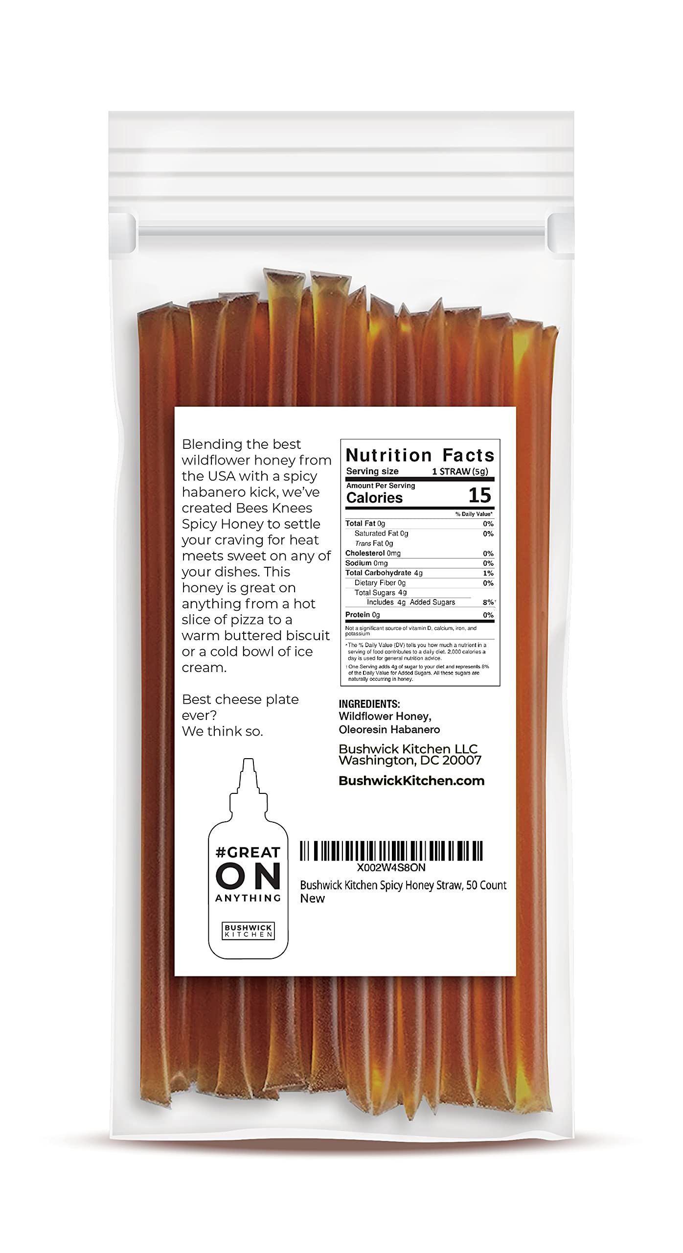 Bees Knees Spicy Honey Sticks, 50 Sticks, 1tsp each, Wildflower Hot Honey Straws Mixed with Habanero Peppers, Honey Sticks for Cooking, Cocktails, Foodie Gifts, Hot Sauce Gifts