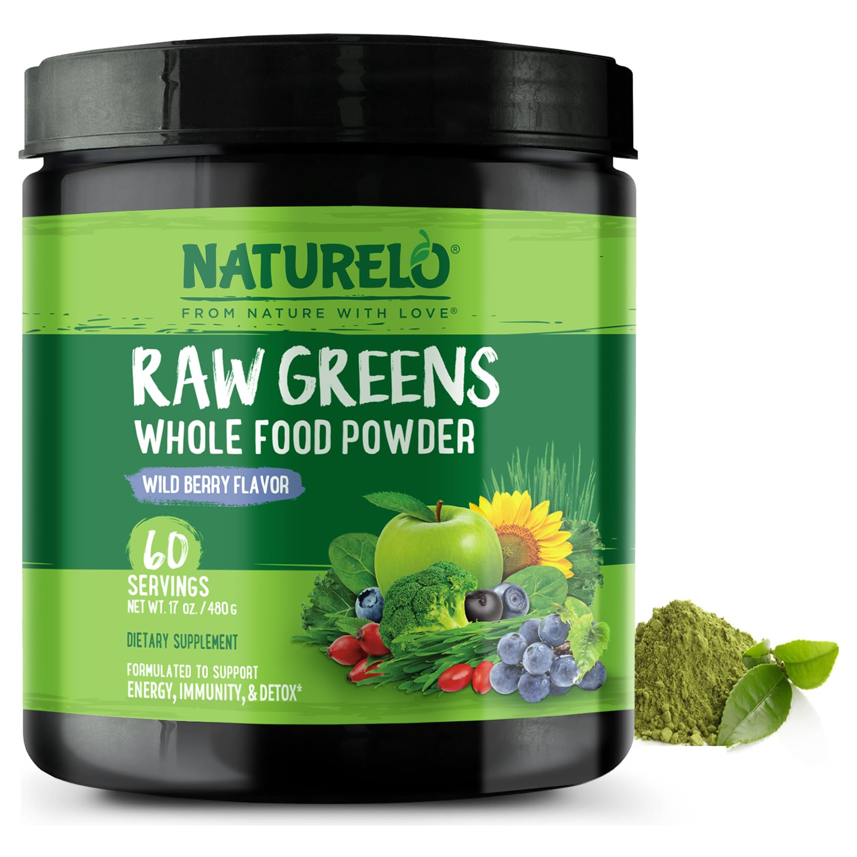 NATURELO Raw Greens Superfood Powder - Wild Berry Flavor - Boost Energy, Detox, Enhance Health - Organic Spirulina - Wheat Grass - Whole Food Nutrition from Fruits & Vegetables - 60 Servings