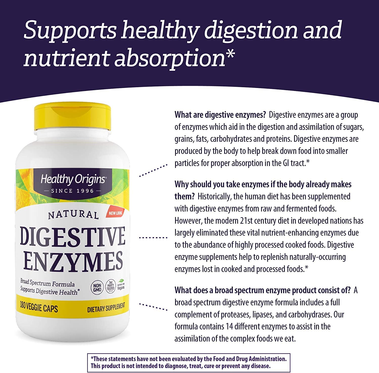 Healthy Origins Digestive Enzymes (Broad Spectrum, Non-GMO, Gluten Free, Digestive Support), 180 Veggie Caps