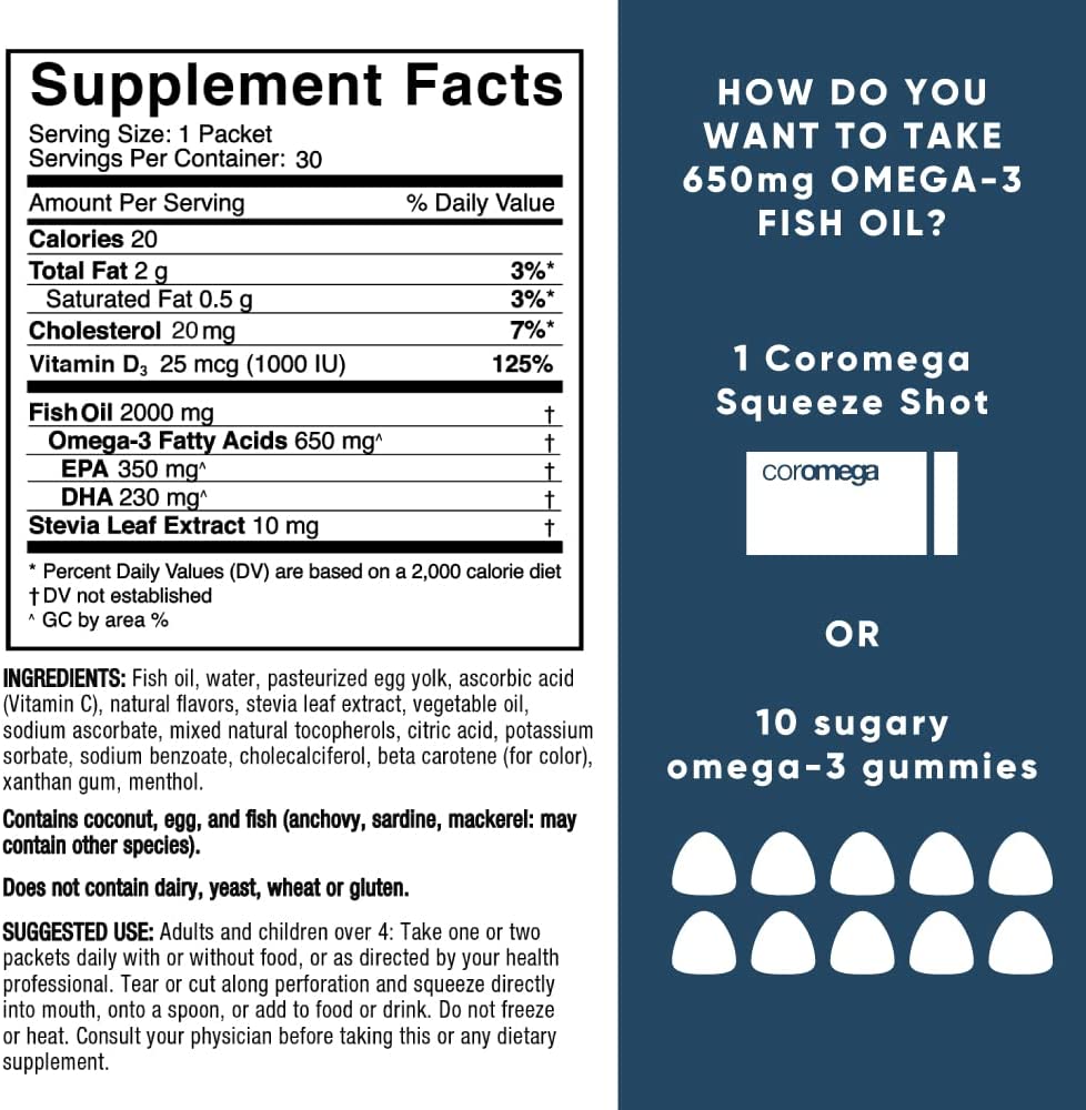 Coromega Omega 3 Fish Oil Supplement with Additional Vitamin D3, 650mg of Omega-3s with 3X Better Absorption Than Softgels, Tropical Orange Flavor, 30 Single Serve Squeeze Packets