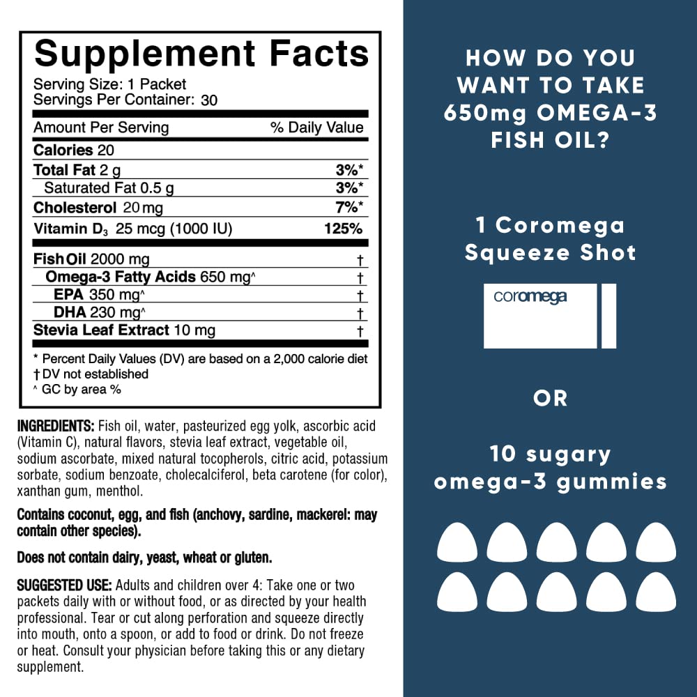 Coromega Omega 3 Fish Oil Supplement with Additional Vitamin D3, 650mg of Omega-3s with 3X Better Absorption Than Softgels, Tropical Orange Flavor, 30 Single Serve Squeeze Packets