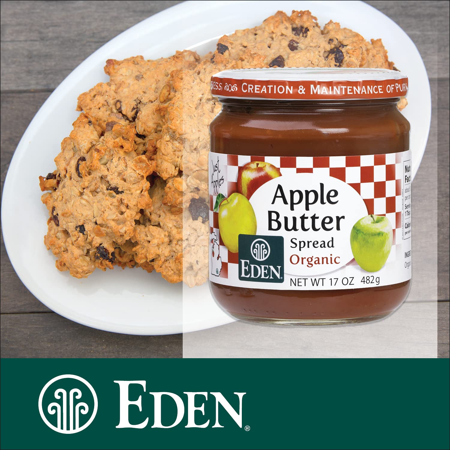 Eden Organic Apple Butter Spread, No Sugar Added, Great Lakes Apples, Slow Kettle Simmered, 17 oz Glass Jar