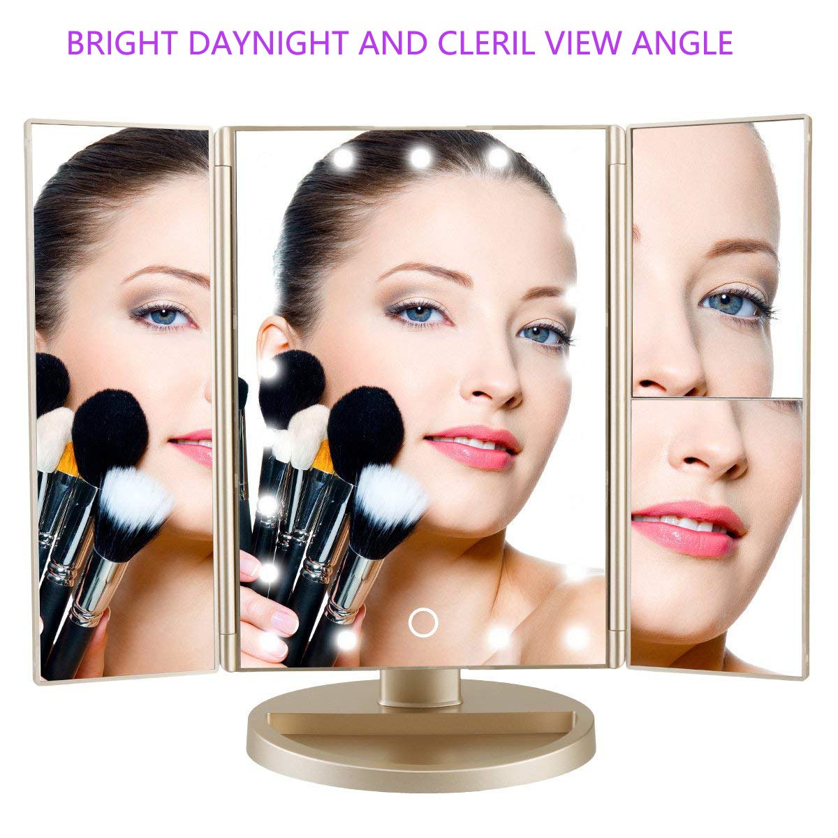 Flymiro Tri-fold Lighted Vanity Makeup Mirror with 3x/2x/1x Magnification, 21Leds Light and Touch Screen,180 Degree Free Rotation Countertop Cosmetic Mirror,Travel Makeup Mirror (Gold)