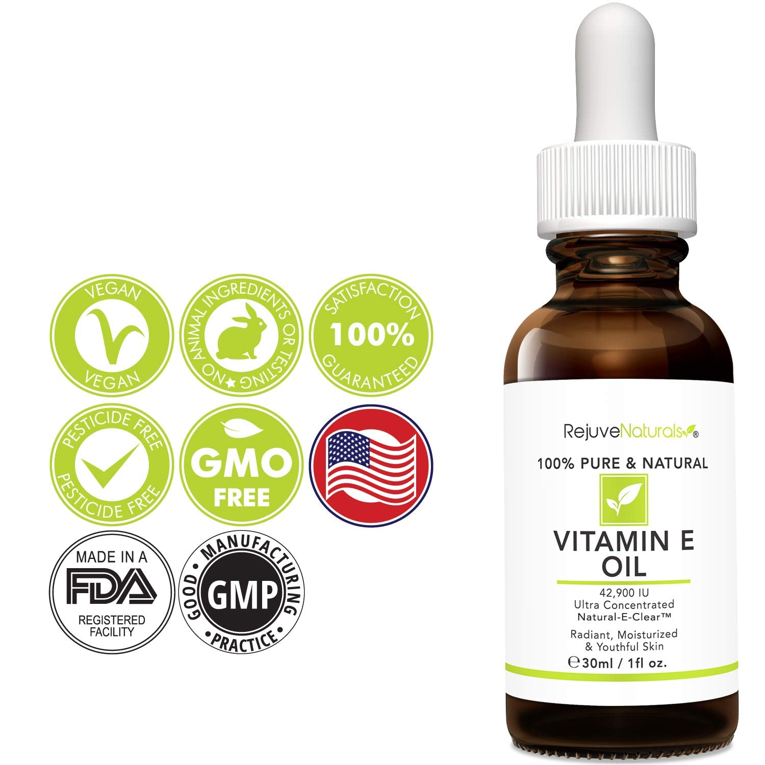 Vitamin E Oil - 100% Pure & Natural, 42,900 IU. Repair Dry, Damaged Skin from Surgery & Acne, Age Spots & Wrinkles. Boost Collagen for Moisturized, Youthful-looking Skin. d-alpha tocopherol