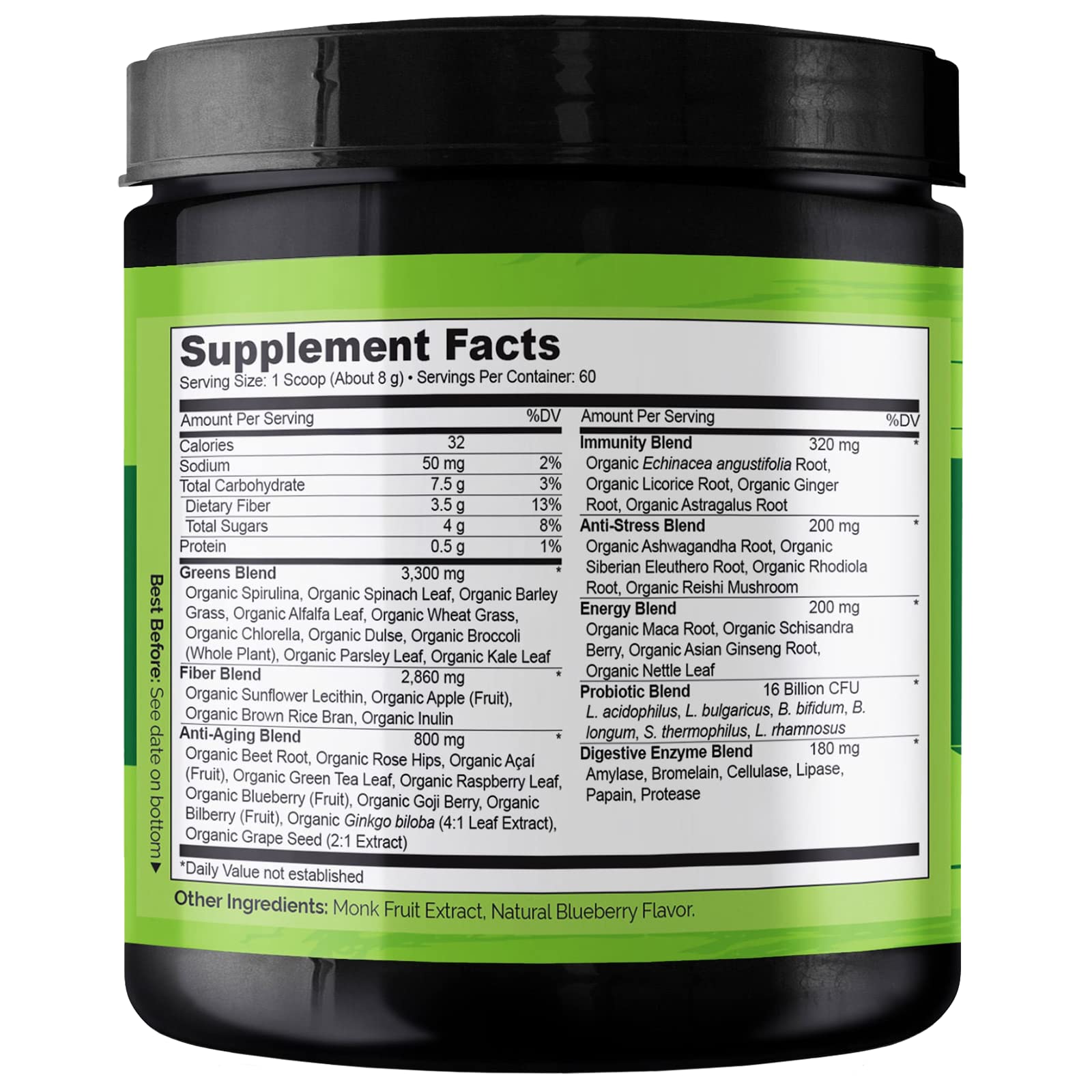 NATURELO Raw Greens Superfood Powder - Wild Berry Flavor - Boost Energy, Detox, Enhance Health - Organic Spirulina - Wheat Grass - Whole Food Nutrition from Fruits & Vegetables - 60 Servings