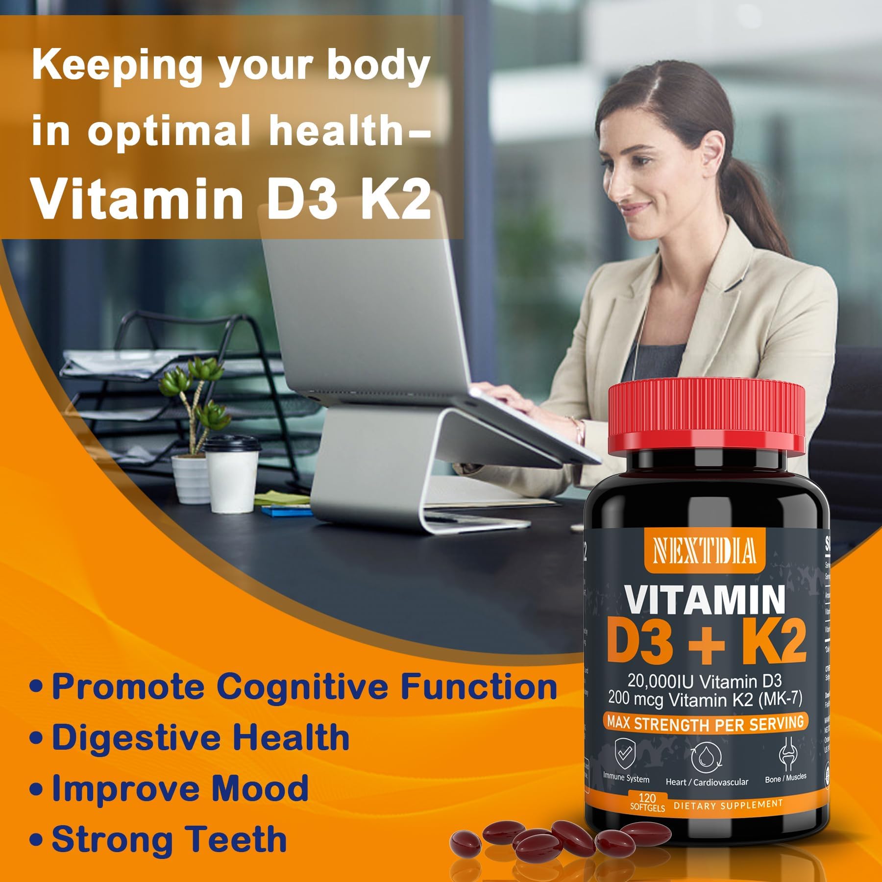 Vitamin D3 20,000 IU + K2( MK7 ) 200mcg - Optimal Level -Support Strong Bone & Muscle, Calcium Absorption, Teeth & Immune Health, Helping Vitamin D Deficiencies, Easy to Swallow, 240 Servings Softgel