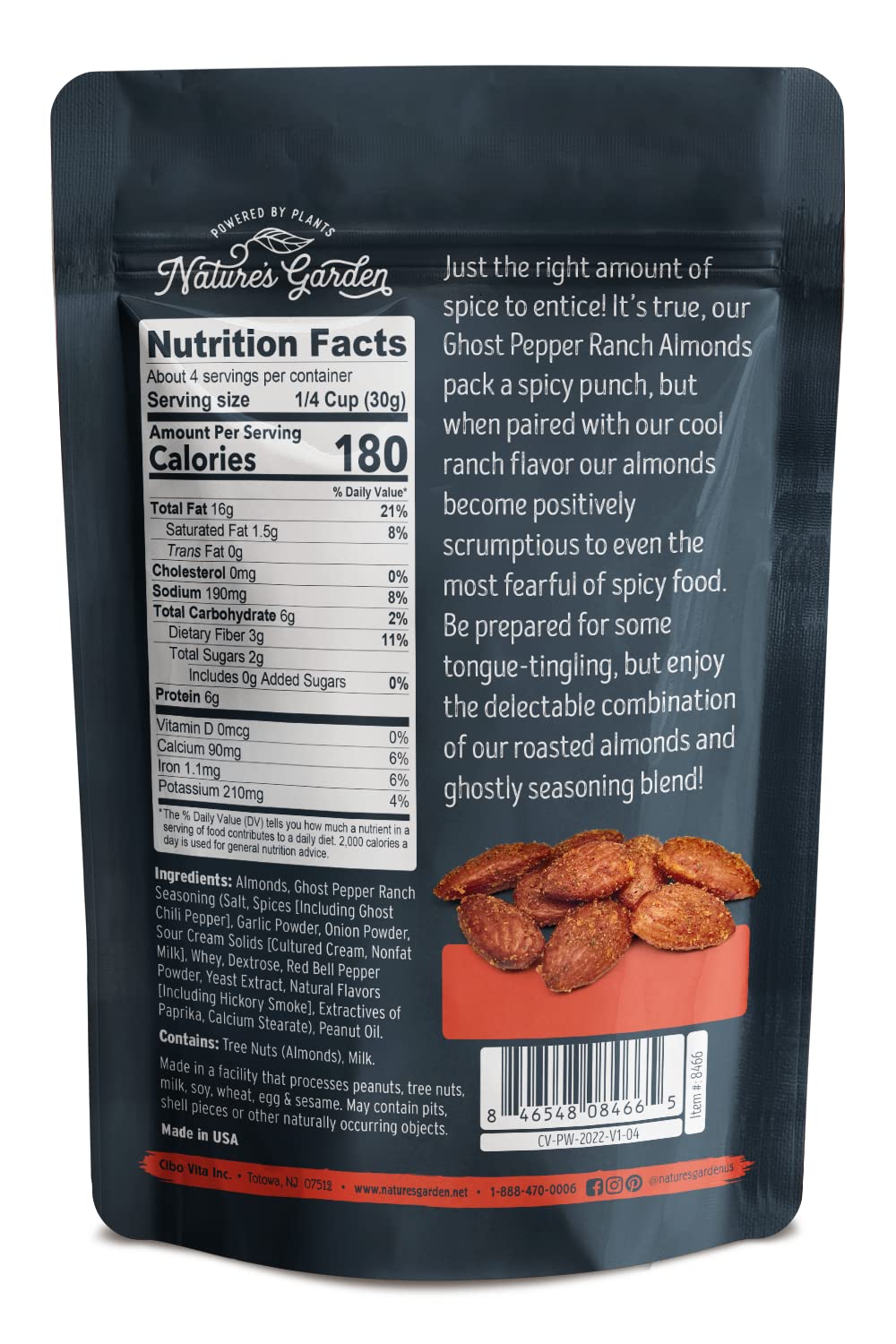 Nature's Garden Ghost Pepper Ranch Almonds, 4 oz (Pack of 6) - Spicy Snacks, Seasoned Nuts, Bulk Roasted Almonds, Flavored Nuts Snack Pack, Gluten Free Almonds, Healthy Snacks for Adults