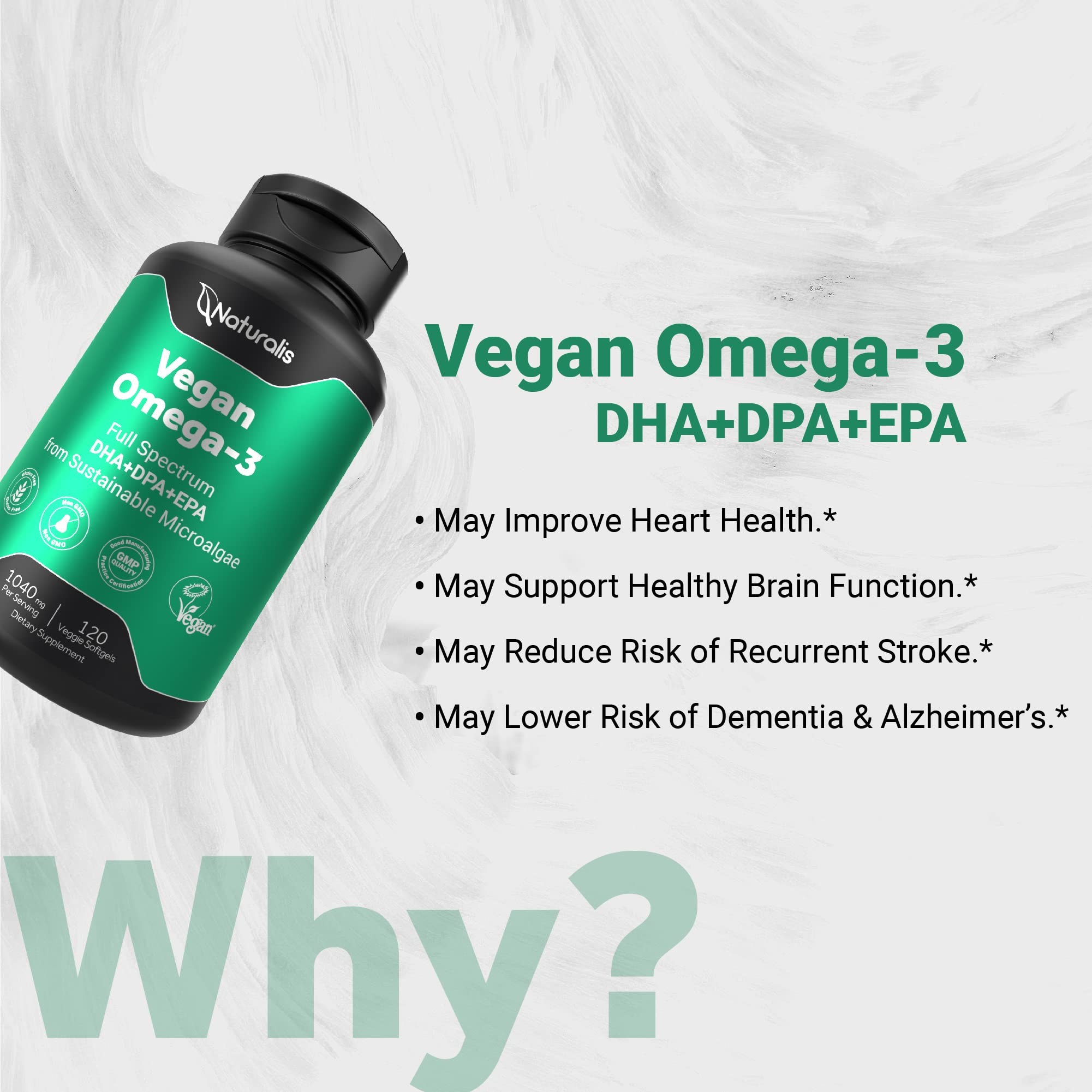 Naturalis Vegan Omega 3 DHA, EPA & DPA from Algae | Vegan Society Certified, Sustainably Sourced, True Full Spectrum | 120 Veggie Softgels (Carrageenan Free)