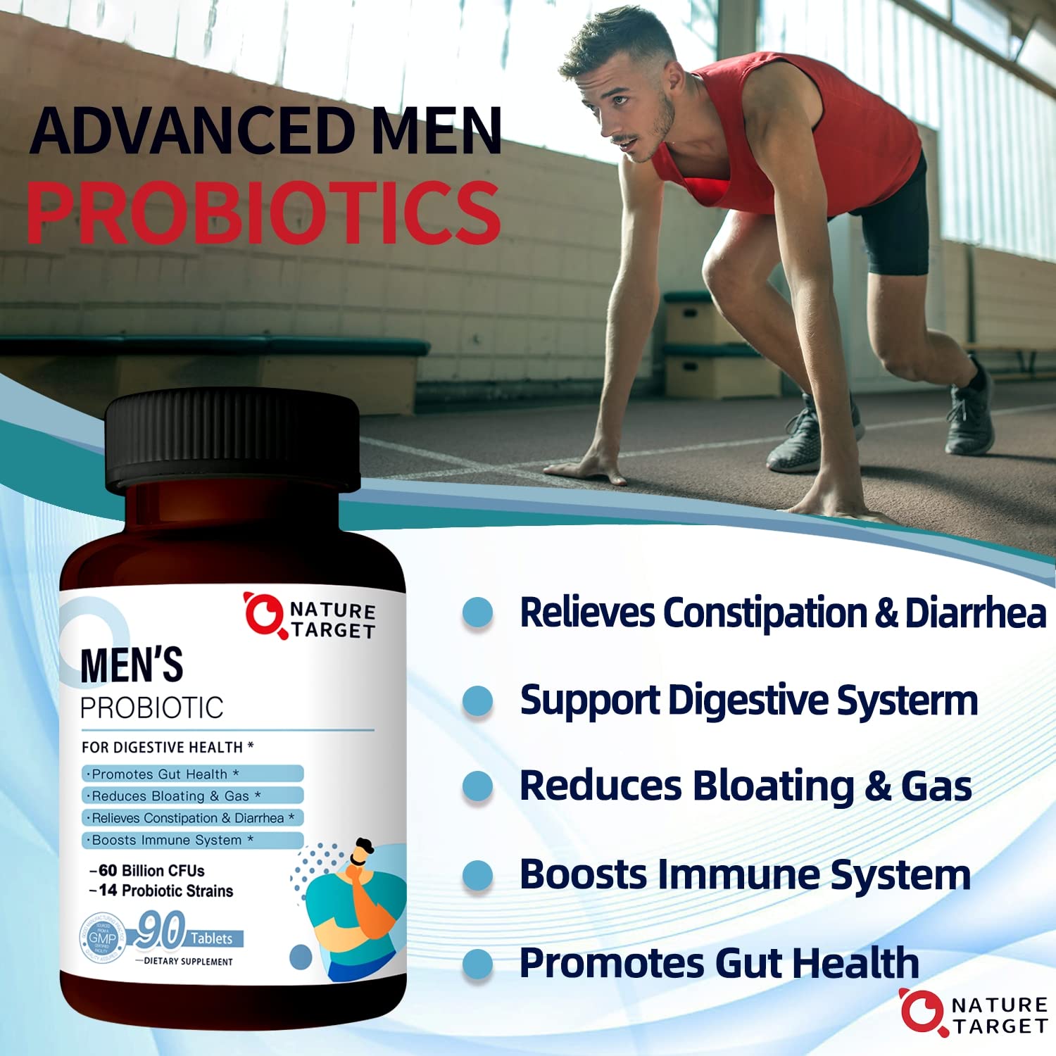 NATURE TARGET Probiotics for Men with Men Care Supplement, Prebiotics & Probiotic for Men's Digestive and Immune Health,60 Billion CFUs & 14 Strains Shelf Stable, Gluten & Soy Free (90 Tablets)