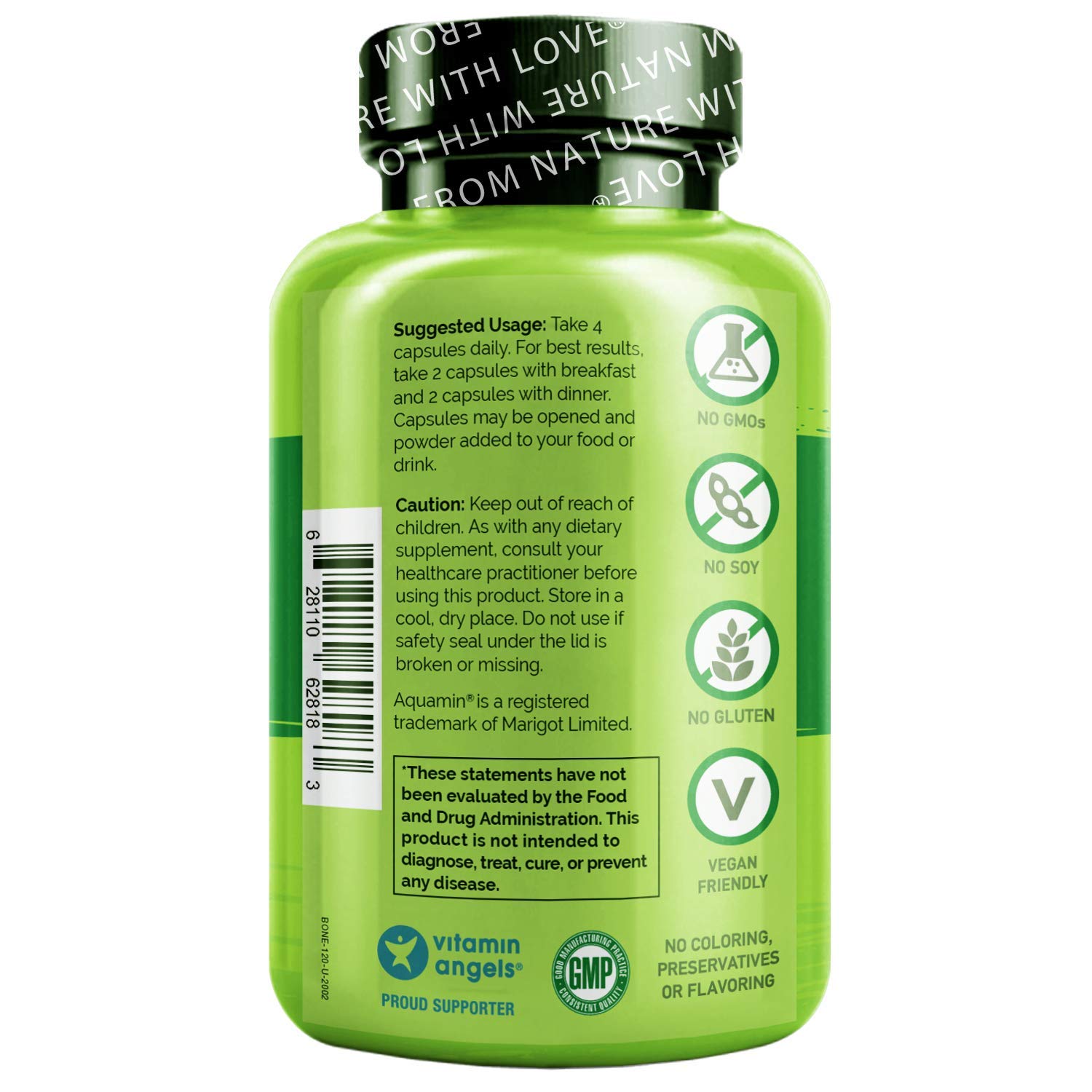 NATURELO Bone Strength - Plant-Based Calcium, Magnesium, Potassium, Vitamin D3, VIT C, K2 - GMO, Soy, Gluten Free Ingredients - Whole Food Supplement for Bone Health - 120 Vegan Friendly Capsules